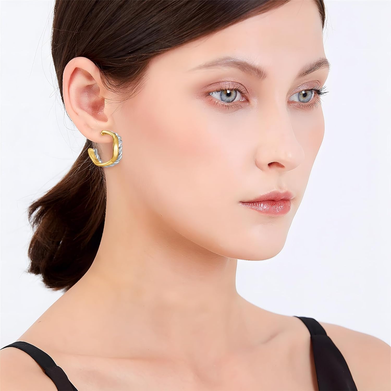 Two Tone Hoop Earrings for Women Silver and Gold Plated Twisted Cable Open C Hoops Chic Hypoallergenic Earring Mixed Metal Jewelry - Image 4