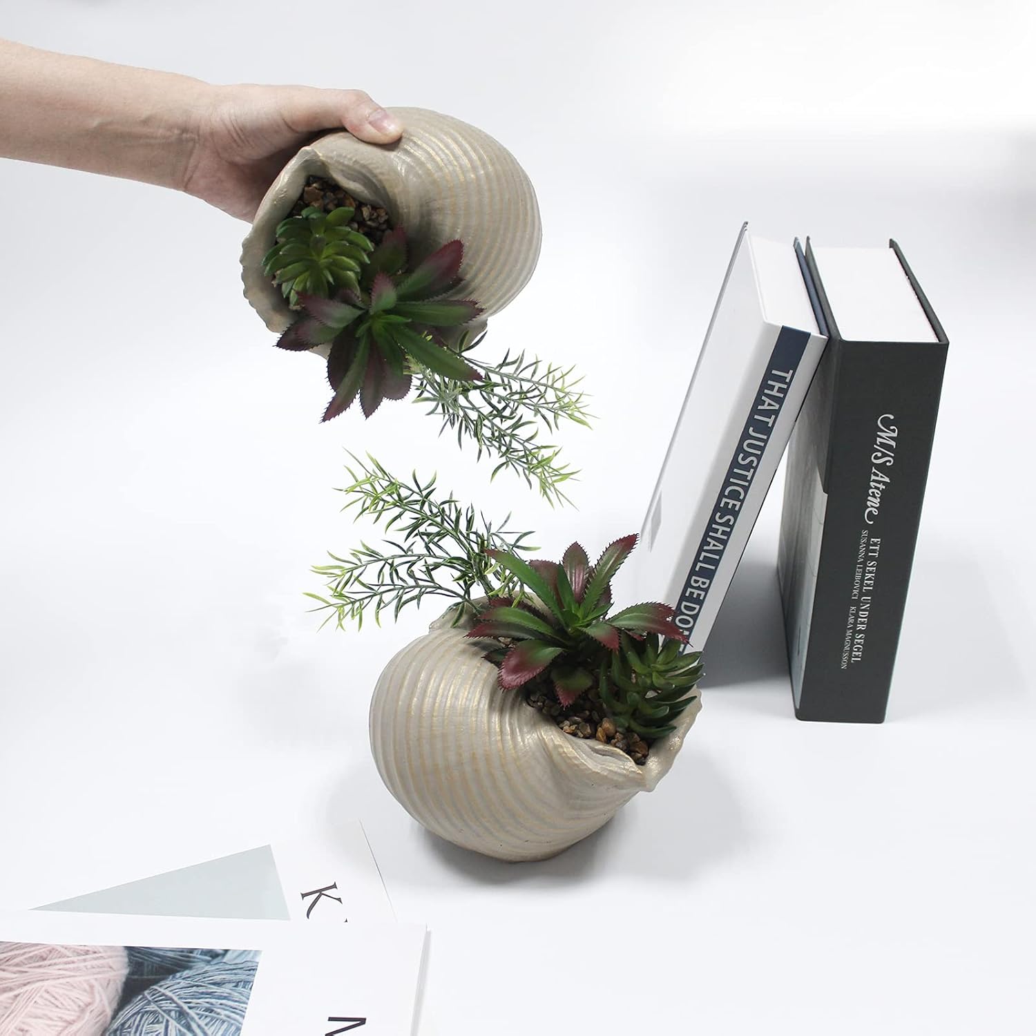 Faux Succulents in Conch Sea Shell Home Decor,Coastal Beach Decorations for Home Bathroom Ocean Seashell Decor Series for Home Beach Decor Theme Party Favors (Without Drainage Hole)