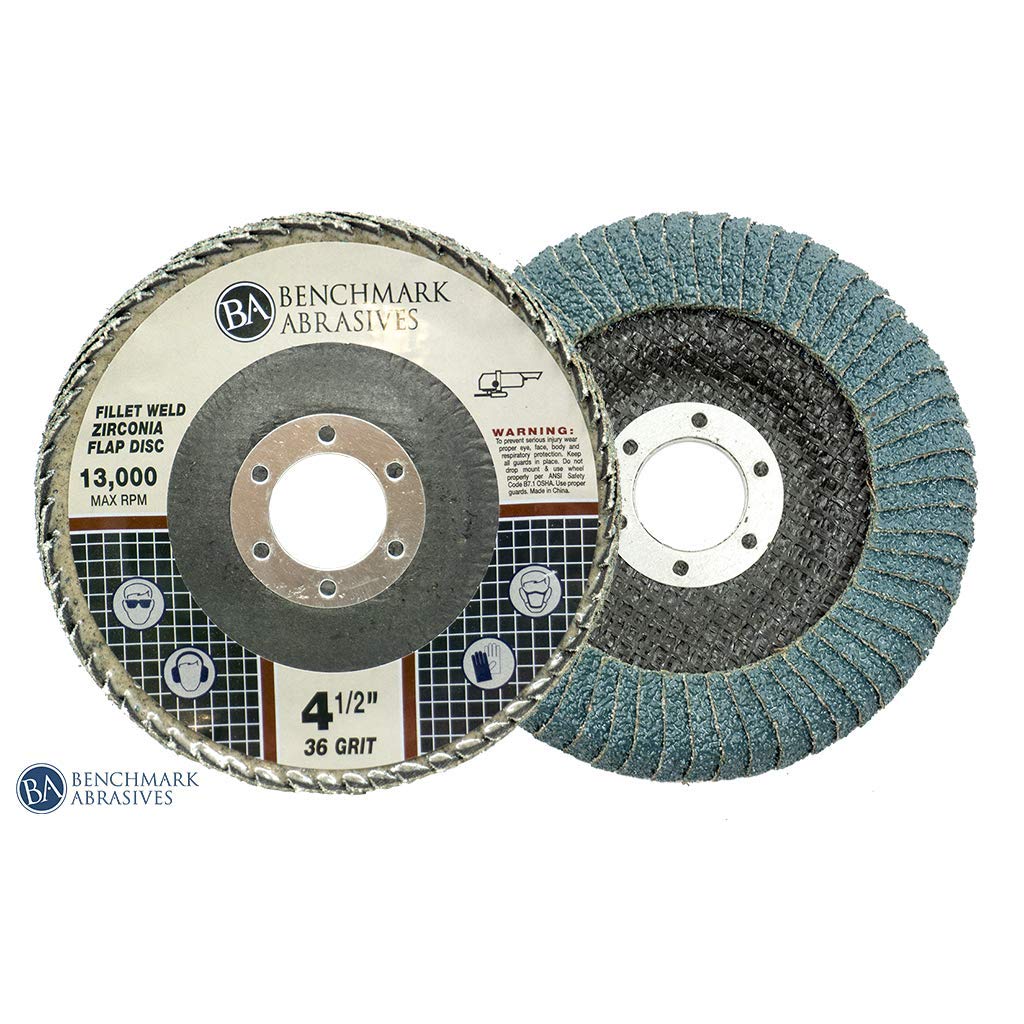 Benchmark Abrasives 4.5 inch Zirconia Curved Fillet Weld Flap Discs, Grinding Wheel for Cleaning Welds, Finishing Deburring of Irregular Surfaces (5 Pack) - 36 Grit