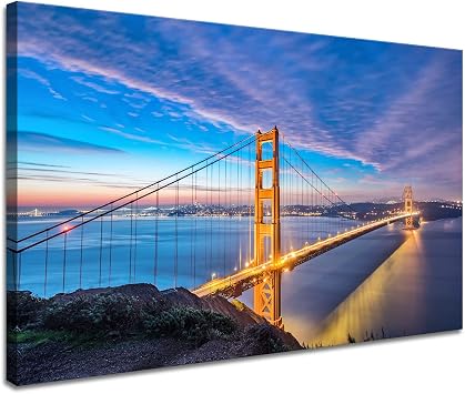 Roya Art-Golden Gate Bridge Wall Art, Modern American Landscape Picture San Francisco Poster Prints, Wooden Framed California Artwork Canvas Wall Decor for Living Room Bedroom, 24" Width X 16" Height