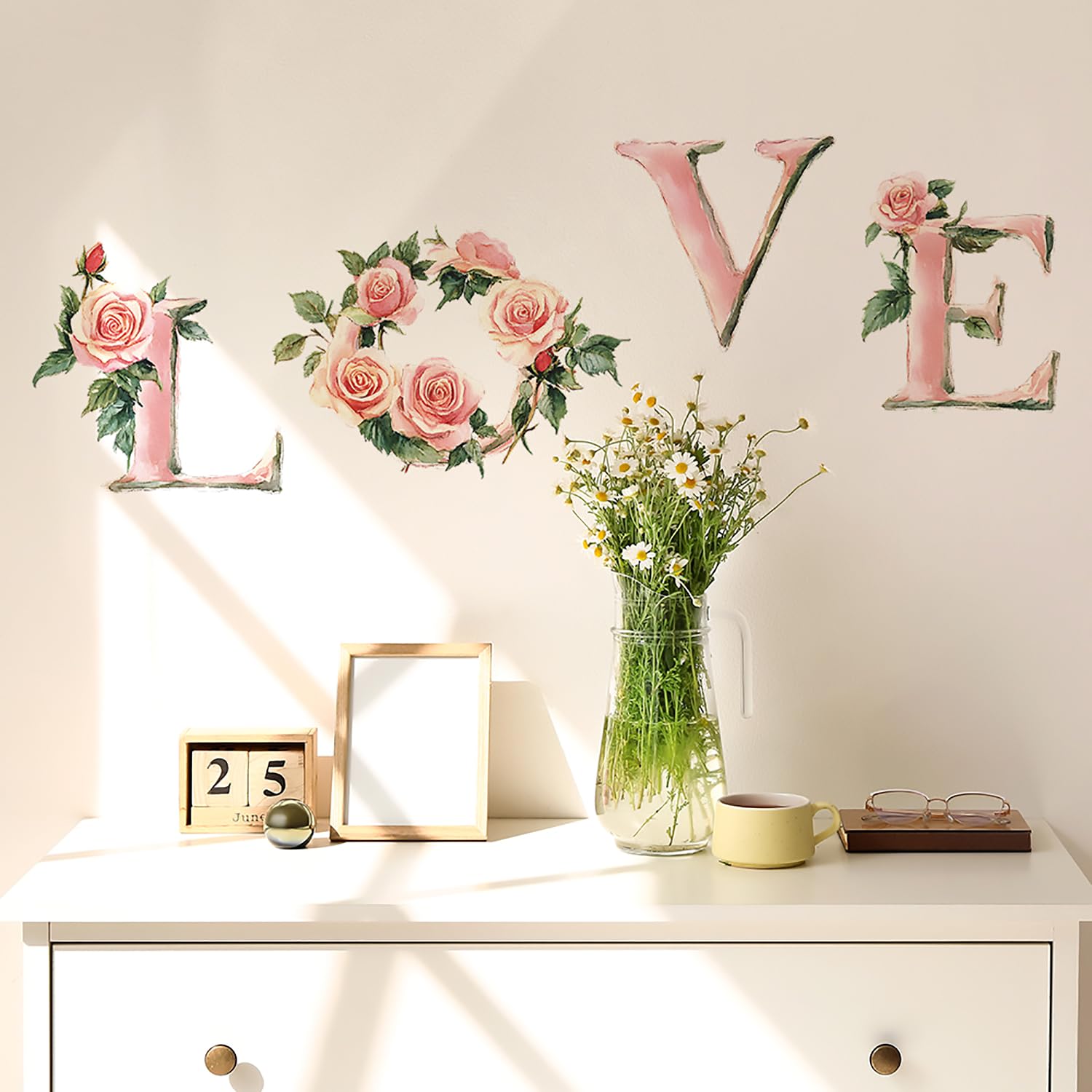 Valentines Wall Decals Valentines Day Wall Stickers Removable Pink Love with Flowers Designs Wall Decorations Romantic Stickers for Living Room Bedroom Anniversary Party Home Decor