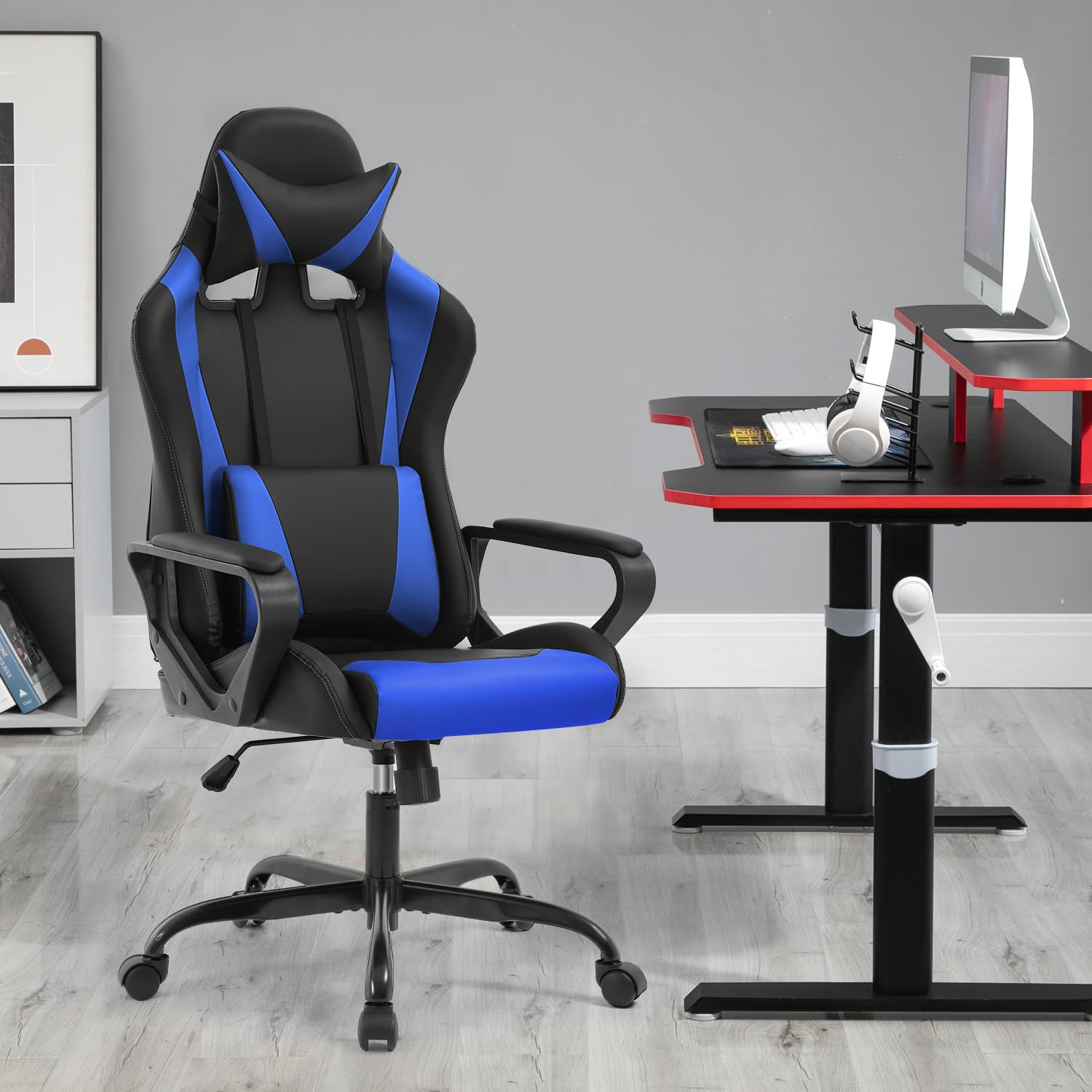 BestOffice Chaise Gaming,Ergonomique Fauteuil Gaming,Chaise Gamer avec Coussin Lombaire et Appui-tête, Siege Gaming Hauteur Réglable, Siège Gamer Bleu