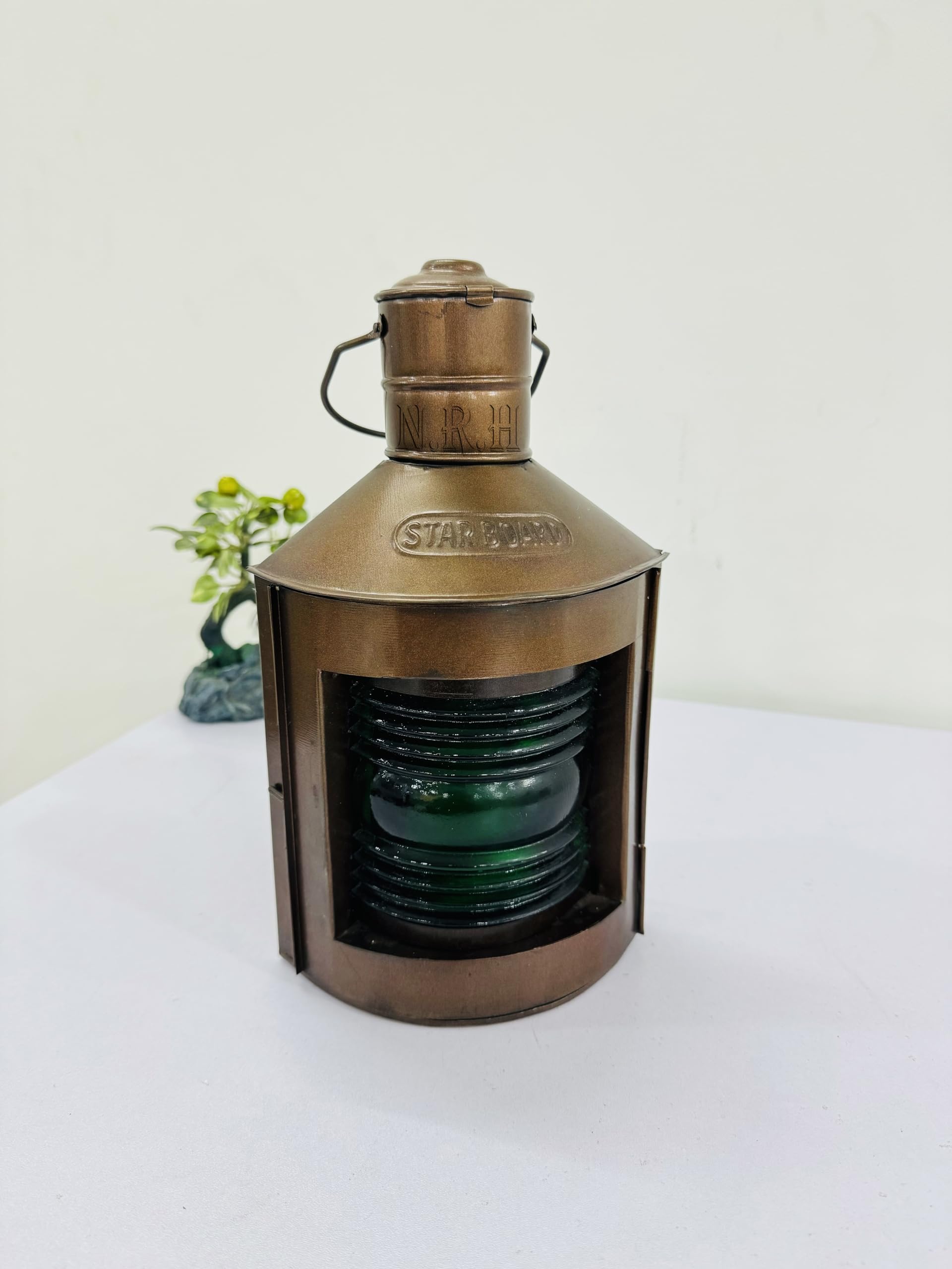Farol portavelas de Cobre con Estrella de Cobre, Farol de Vela con Cristal Verde, Centro de Mesa Costera para Interiores y Exteriores, decoración Colgante para el hogar