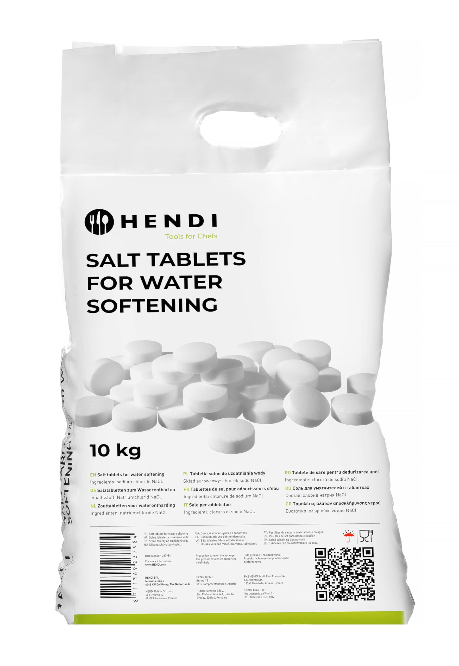 HENDI Pastiglie di sale per addolcitori d'acqua, 10 kg, pastiglie di sale di rigenerazione di elevata purezza per l'addolcimento e la depurazione dell'acqua, cloruro di sodio NaCl
