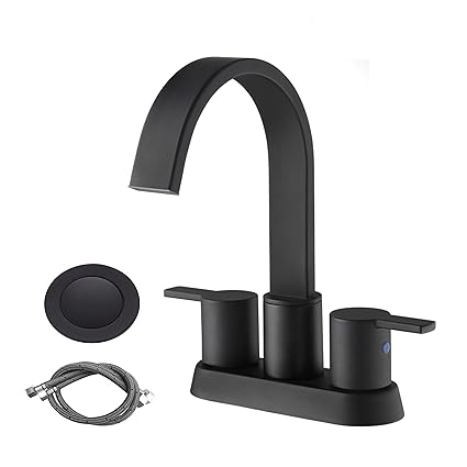 RKF Waterfall Swivel Spout Two-handle Centerset bathroom faucet Lavatory faucet with Metal pop-up drain with overflow and CUPC water supply lines,Matte Black,BF040-9-MB