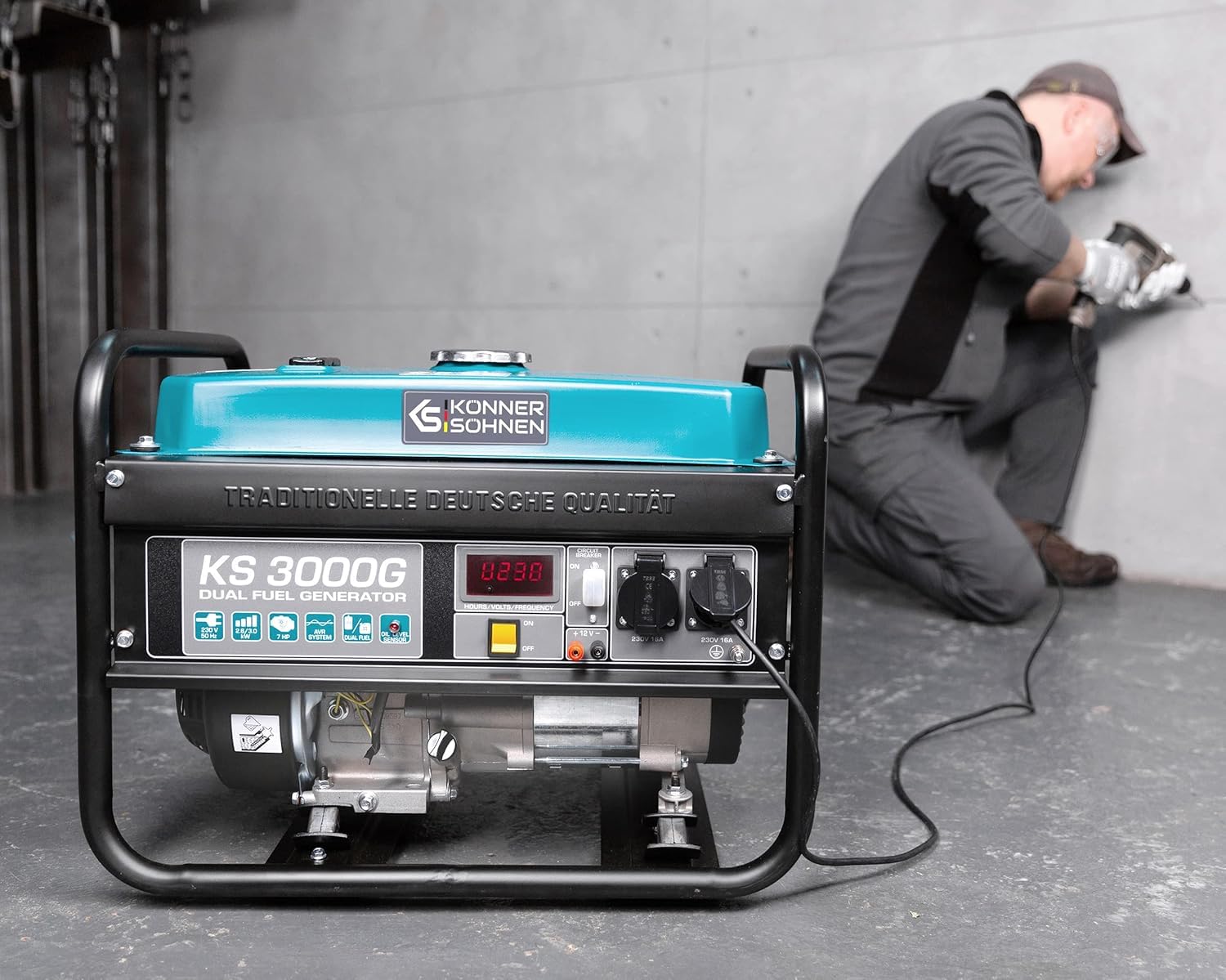 Generador de doble combustible (gasolina y gas) KS 3000G, generador electrico gasolina 3000 W, 2x16A (230 V), 12V, generador 4 tiempos con (AVR), indicador de aceite, protección ante sobrecargas