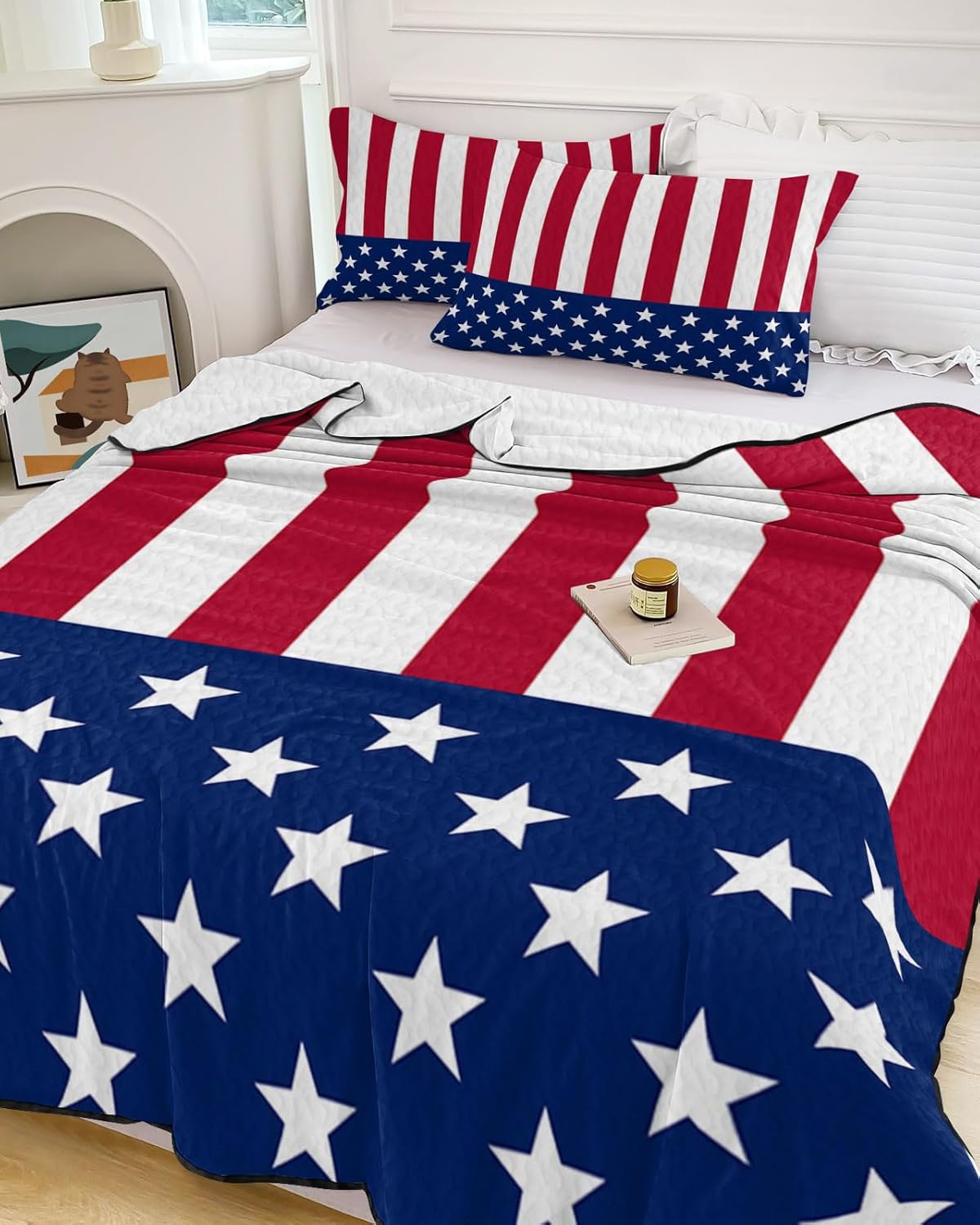 King Size Quilt Set, Red Stripes and Stars American Flag Independence Day Lightweight Bedspread Coverlet Set Summer Quilt with 2 Pillow Shams, Pentagram on Blue 3 Piece Comforter Bedding Set