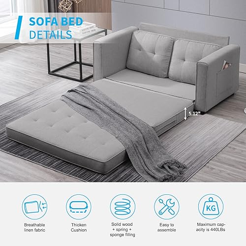 Miniatura 15 de Mjkone Sofá cama plegable convertible de 55 pulgadas de ancho para juegos, tela de lino, plegable, tapizado, con bolsillos laterales, sofá cama Gris