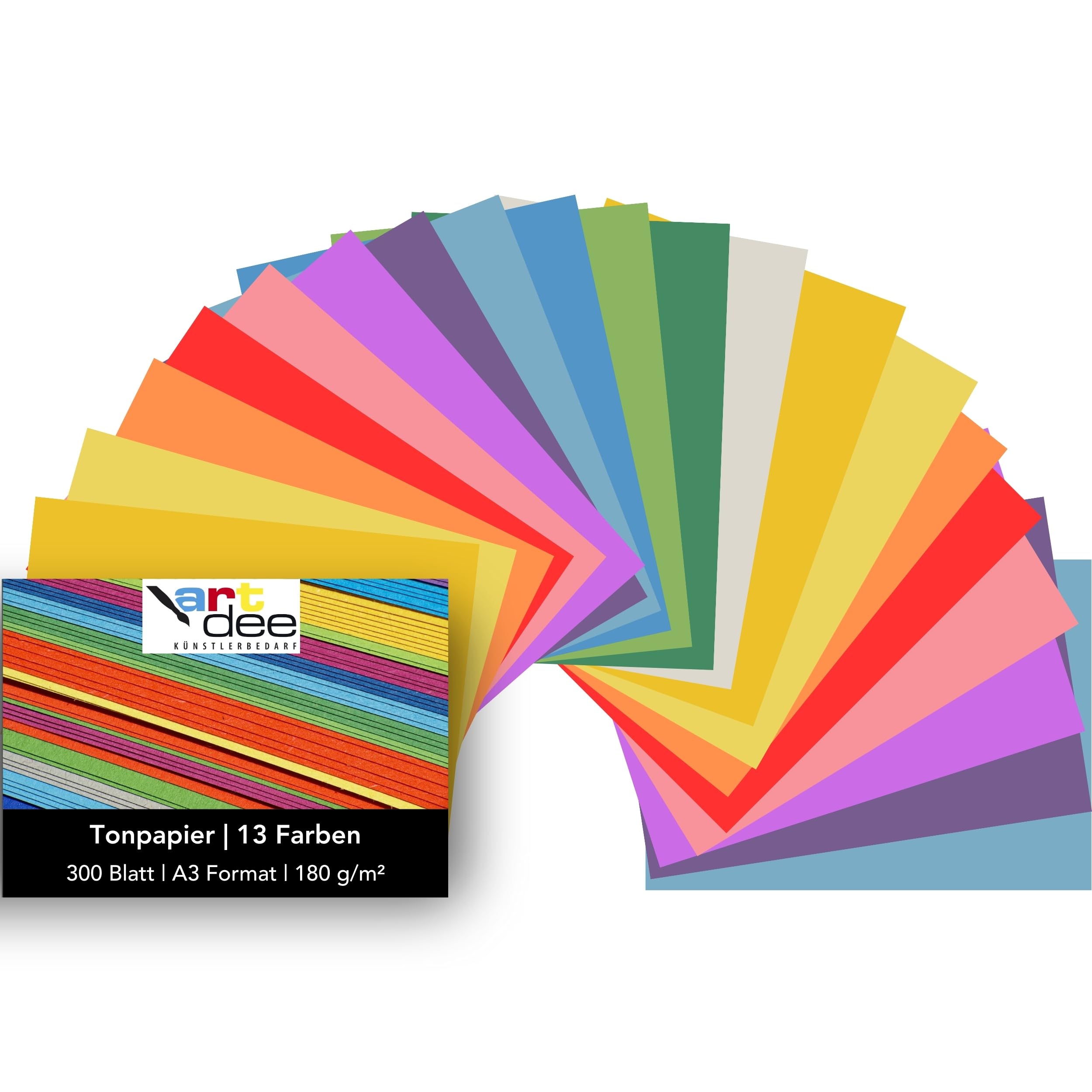 artdee 300 Blatt Tonpapier bunt DIN A3 – 180 g/m² Bastelpapier Set in 13 Frühlingsfarben – Großer Tonkarton Vorratspack für Kita, Schule & Hobby
