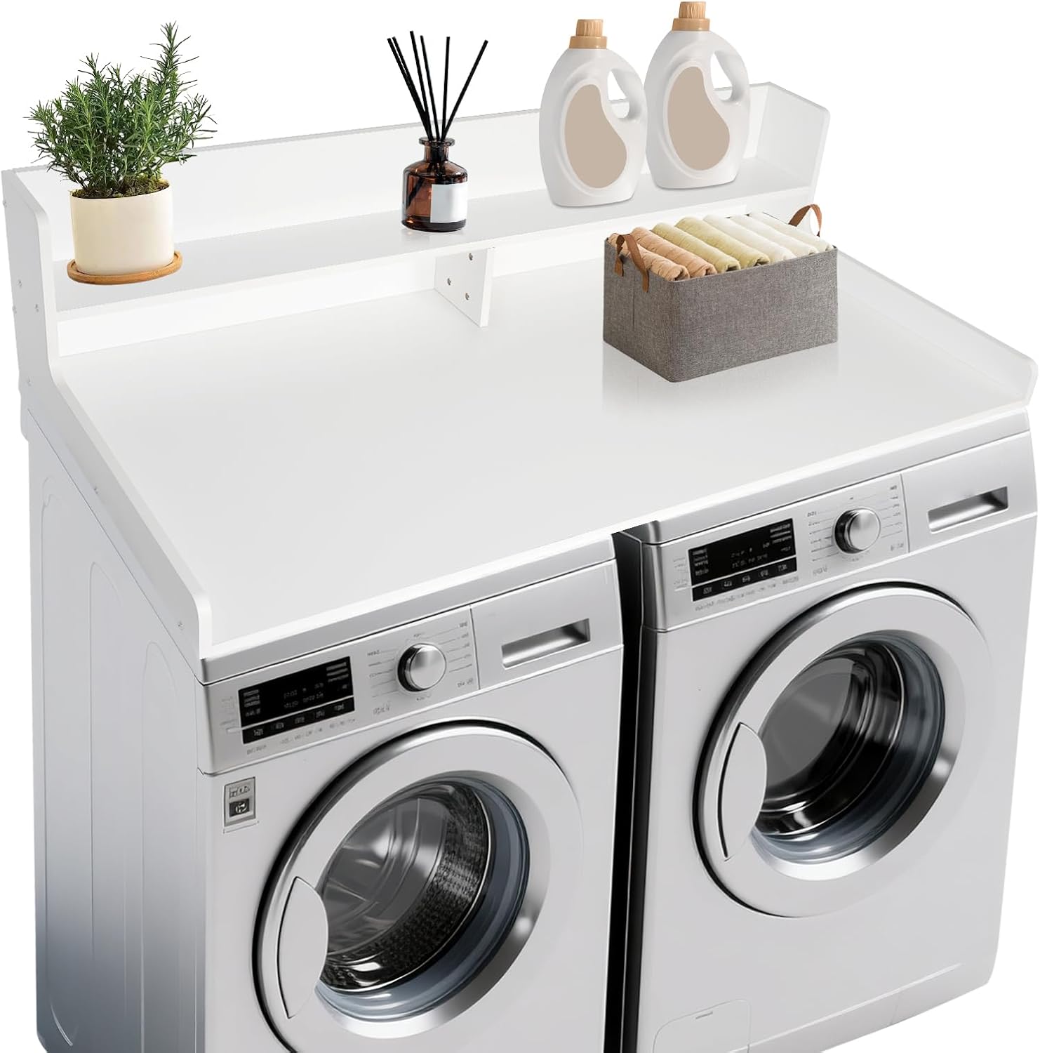 2-Tier Washer and Dryer Countertop,54" W x 27.5" D Wooden Laundry Countertop Cover with Non-Slip Pads, Large Space Laundry Topper with Edge Rails, Laundry Room Organization, White