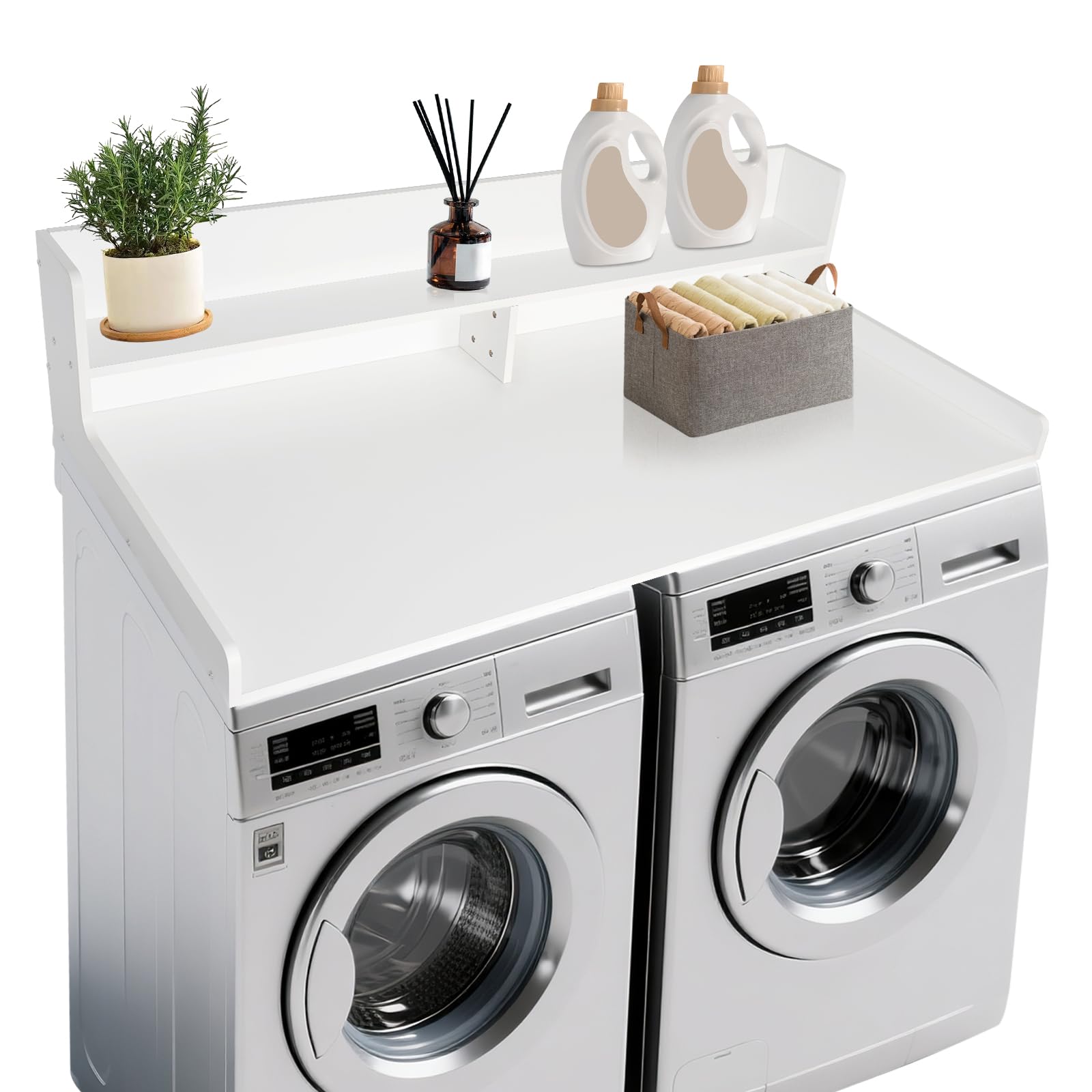 2-Tier Washer and Dryer Countertop,54" W x 27.5" D Wooden Laundry Countertop Cover with Non-Slip Pads, Large Space Laundry Topper with Edge Rails, Laundry Room Organization, White