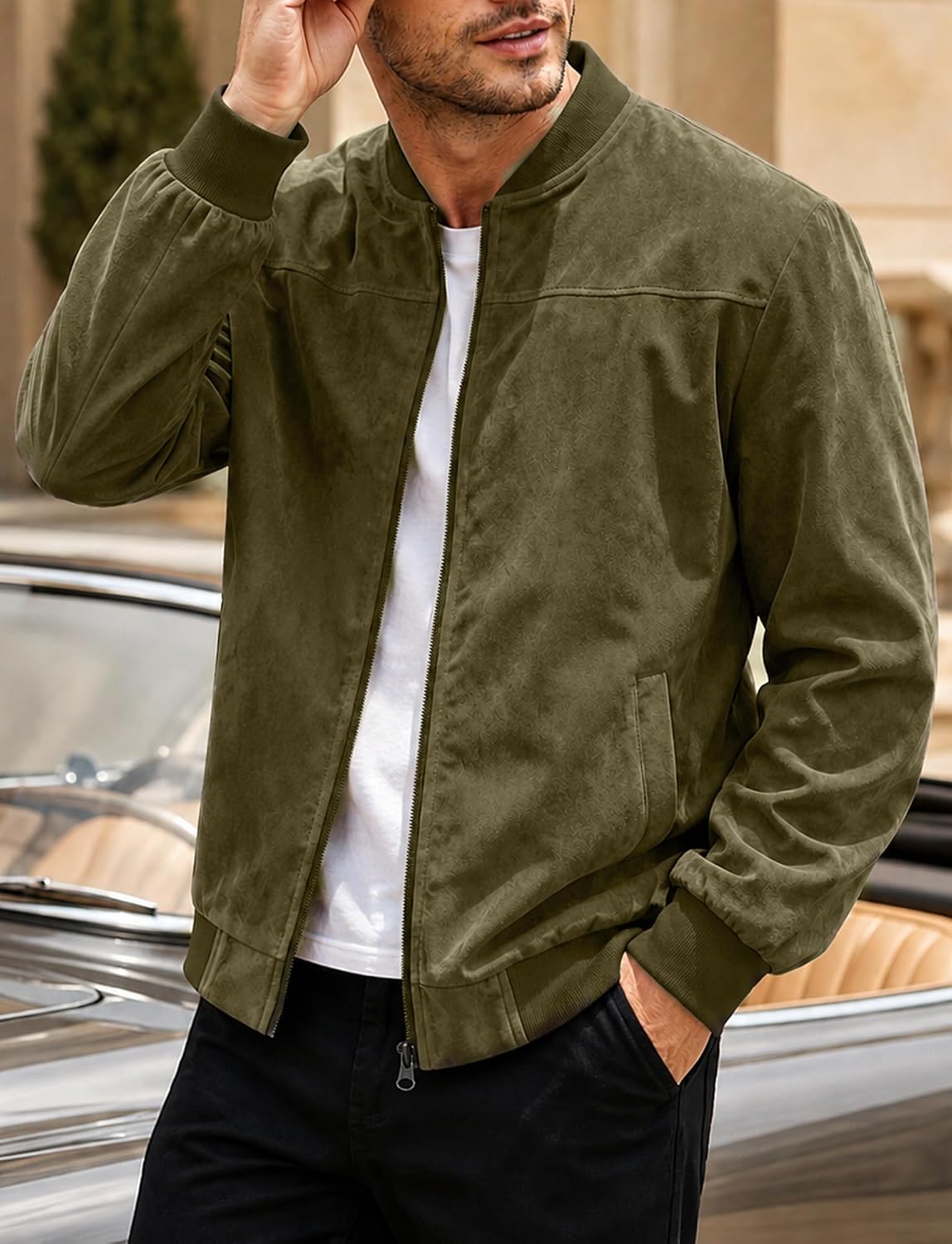 SEAUR Mens Lightweight Bomber Jackets Suede Casual Full Zip Coat for Fall