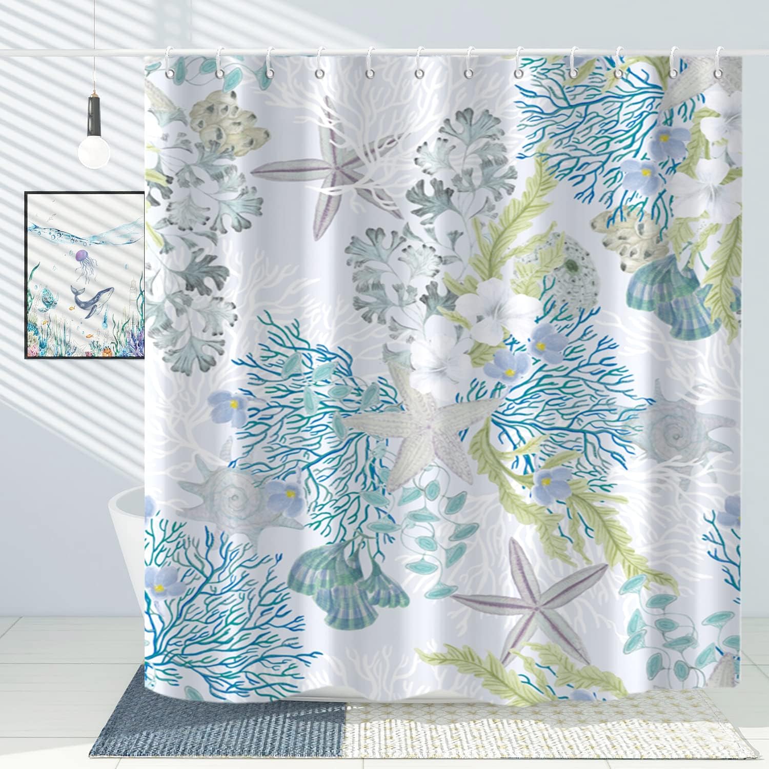 Coral Starfish Extra Long Shower Curtain, Ocean Underwater Machine Washable Waterproof Fabric for Bathroom Bathtub Decor with Hooks 72Wx78H