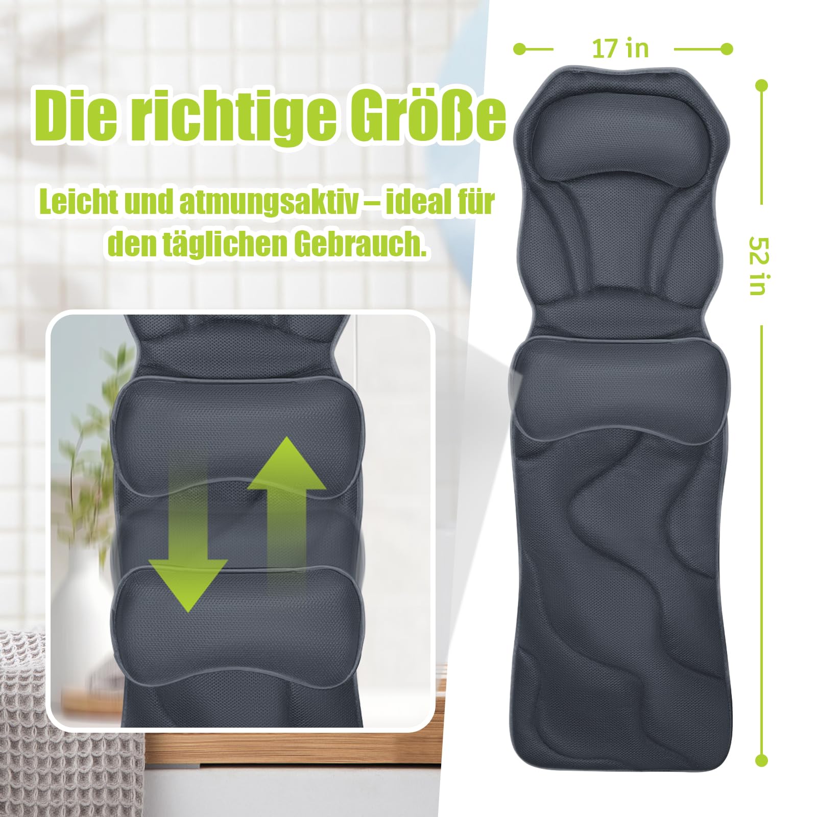 Poemland Vollkörper Badekissens für Badewanne - Luxuriöses Badewannenkissen für Rücken, Kopf und Nacken, Schnell-Trocknendes Badkissen