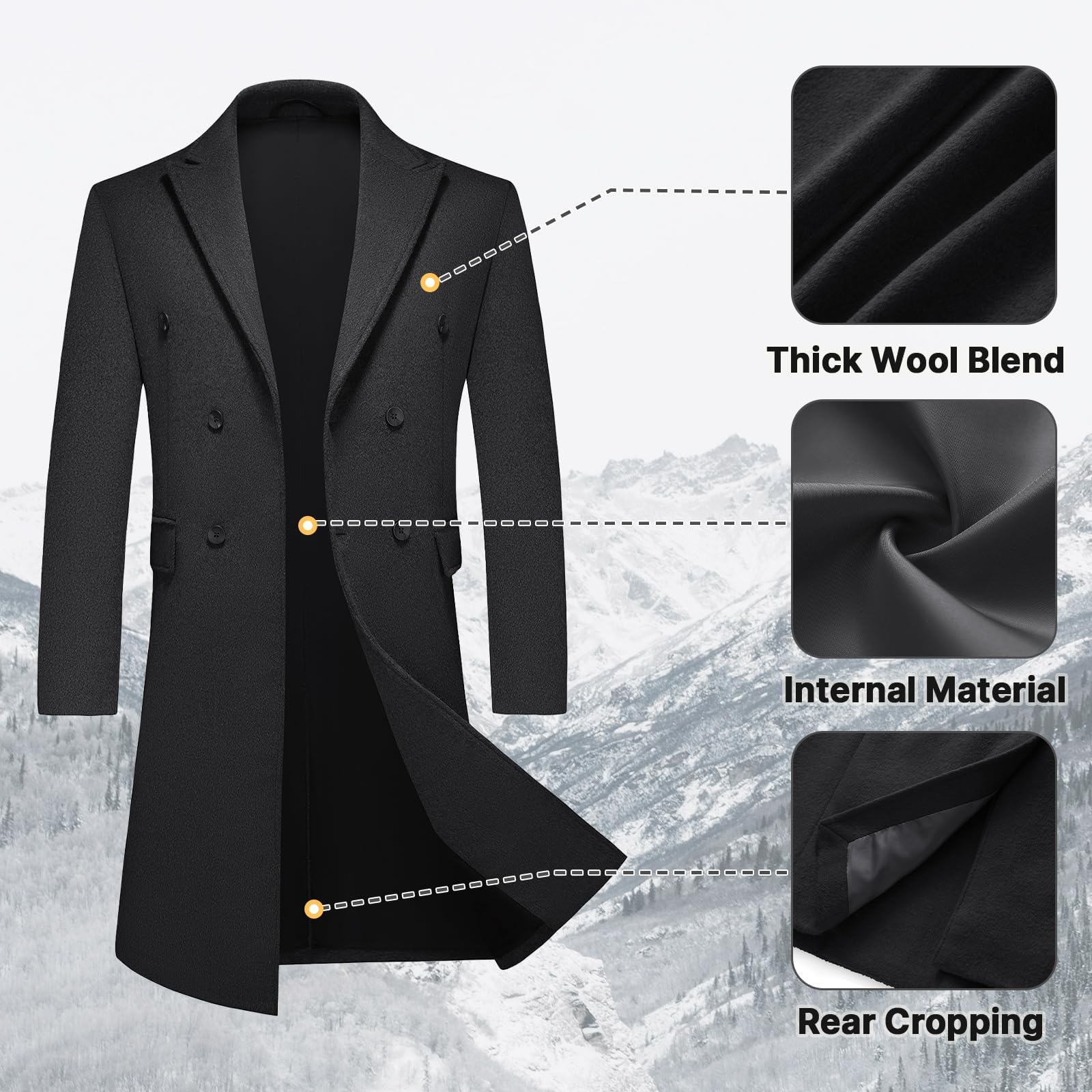 Manteau Homme en Laine Longue Hiver Chaud Trench-Coat Homme Épais Slim Fit Casual