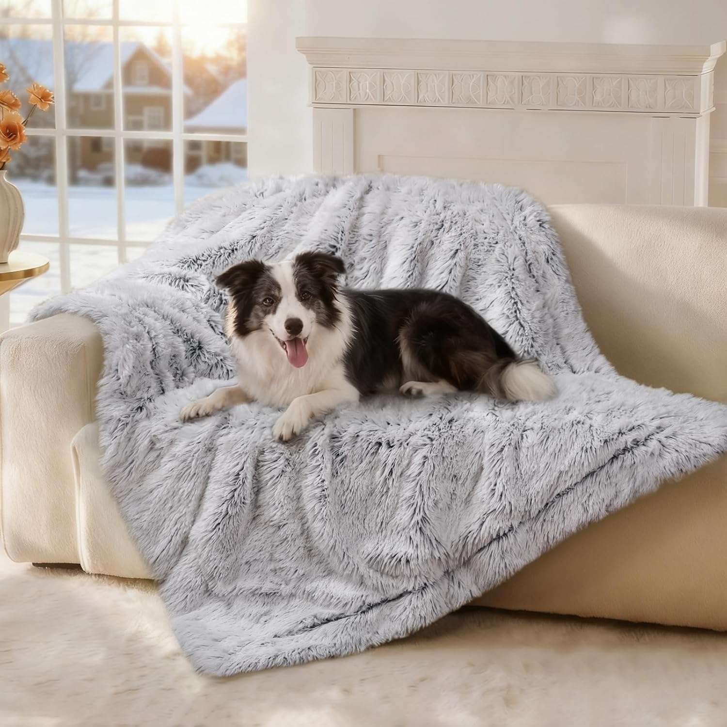 Luciphia Large Waterproof Dog Blanket for Pet Washable Liquid Proof Bed Intimacy Protection Shaggy Plush Calming Long Faux Fur Couch Cover Calming Cat Throw Blankets, Mist Grey, 50" x 60"