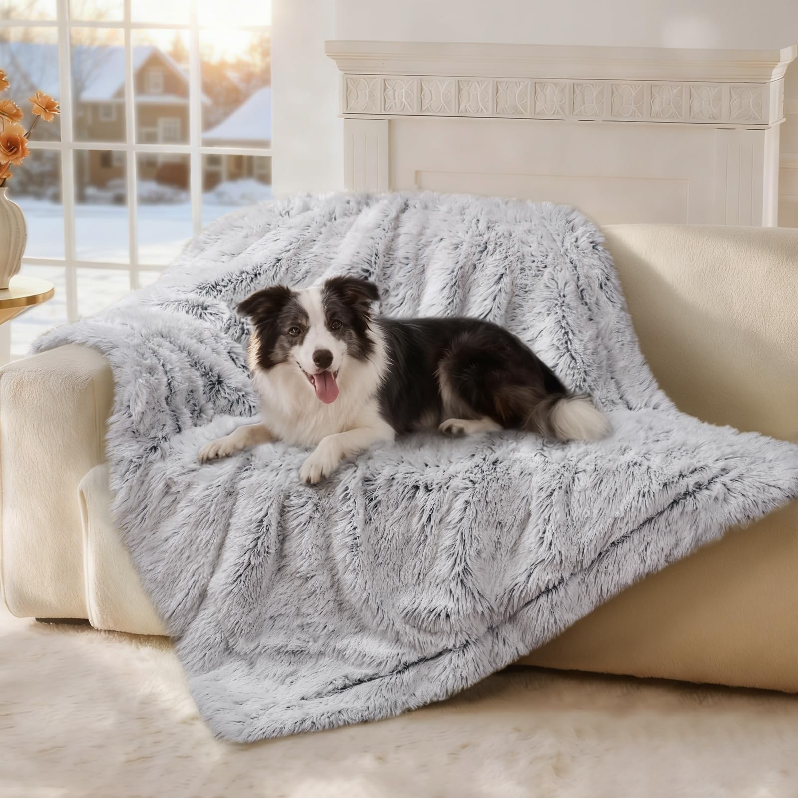 Luciphia Large Waterproof Dog Blanket for Pet Washable Liquid Proof Bed Intimacy Protection Shaggy Plush Calming Long Faux Fur Couch Cover Calming Cat