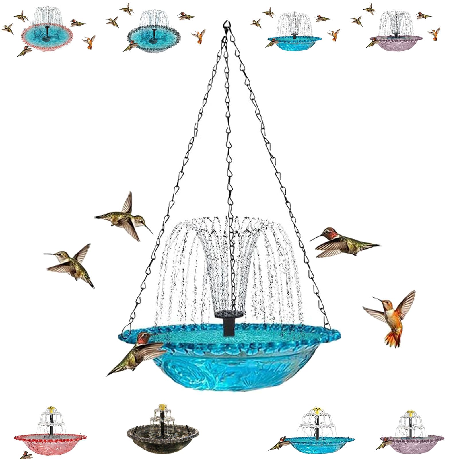 Solar Cascade Hanging Bird Bath Fountain, Outdoor Hanging Bird Bath with Solar Fountain, Hanging Humming Birdbath with Solar Pump, Hanging Water, Attracts Hummingbirds & Wild Birds (Blue,A)