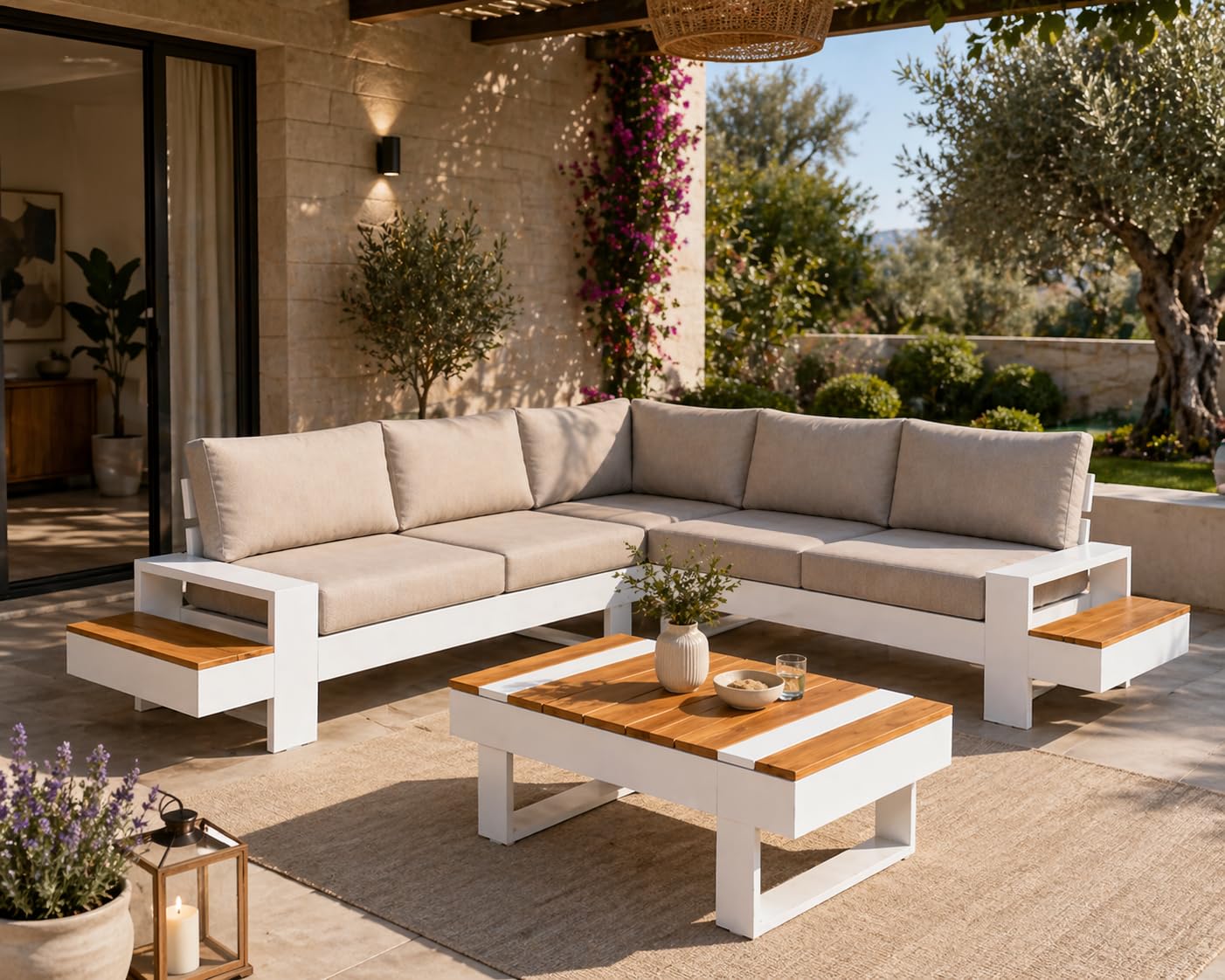 XONE Set da giardino angolare Malibù in alluminio bianco e teak | Salotto da giardino moderno per esterni eleganti | Salotto outdoor con divani e tavolino per terrazzo veranda e giardino