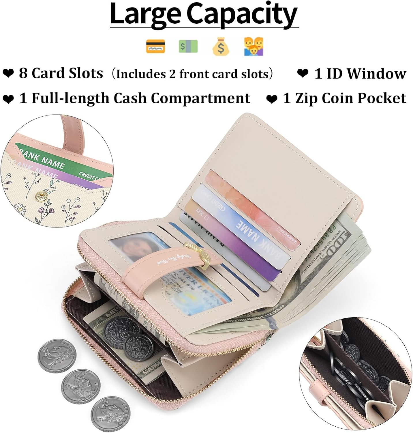 GAEKEAO Small Wallets Woman RFID Blocking Vegan Leather Bifold Floral Ladies Purse Card Holder with Zipper Pocket ID Window - Image 2