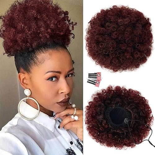Miniatura 8 de rosmile Afro Puff - Extensión de coleta con cordón para mujeres negras, coleta afro sintética marrón medio #4 de 80 gramos de longitud corta