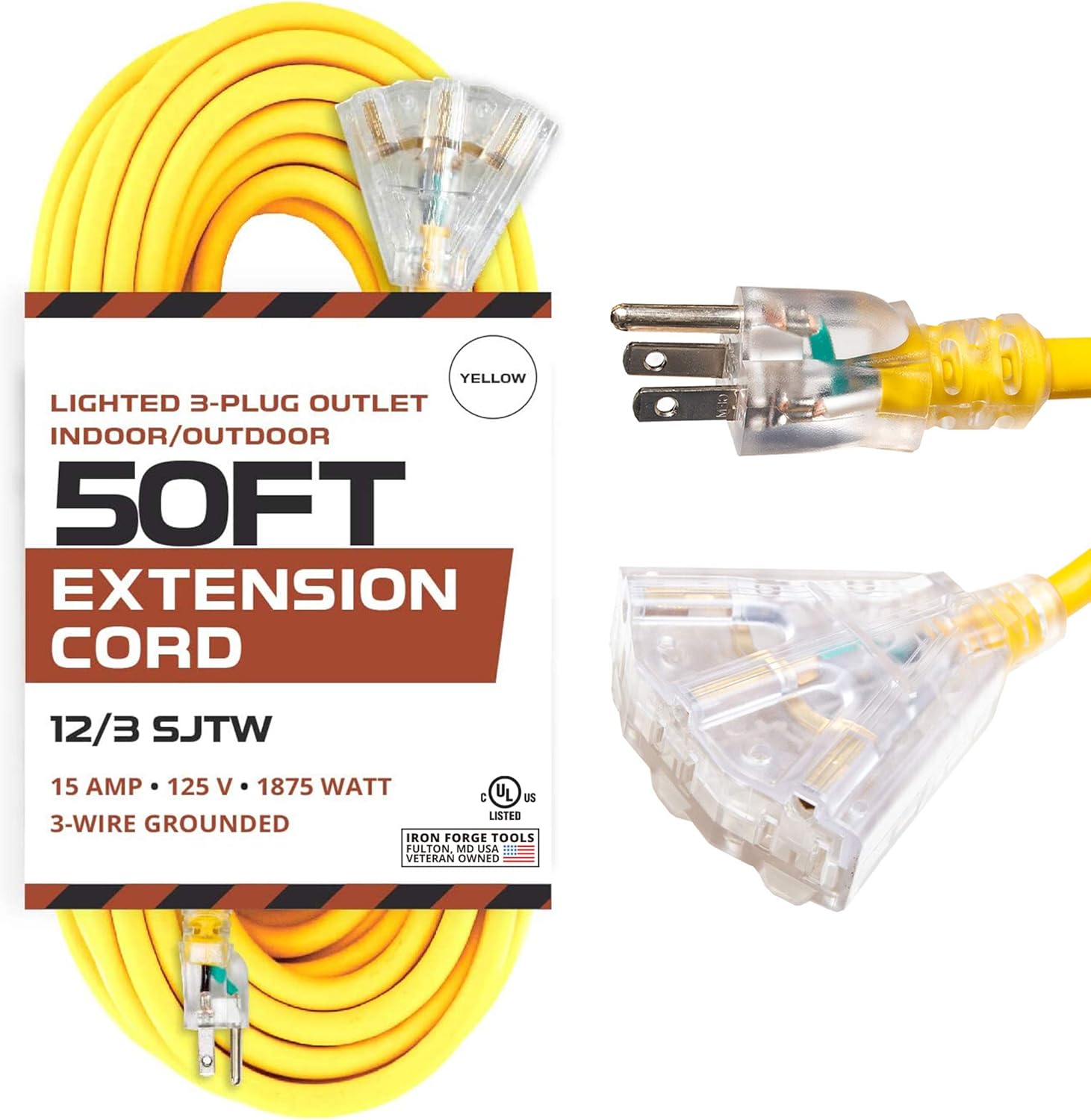 Up To 40% OFF Iron Forge Cable 50 Foot Lighted Outdoor Extension Cord with 3 Electrical Power Outlets - 12/3 SJTW Heavy Duty Yellow Extension Cable with 3 Prong Grounded Plug for Safety, 15 AMP 70% Off Discount Iron Forge Cable 50 Foot Lighted Outdoor Extension Cord with 3 Electrical Power Outlets - 12/3 SJTW Heavy Duty Yellow Extension Cable with 3 Prong Grounded Plug for Safety, 15 AMP