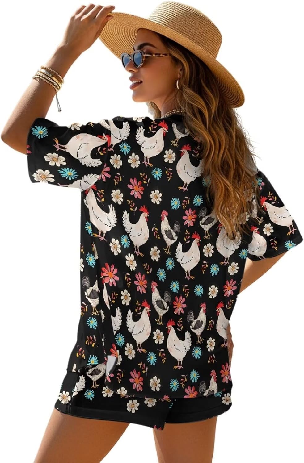 Two Piece Vacation Sets for Women with Blouse and Elastic Drawstring Shorts Casual Loose Sleepwear Sets Size S-XL