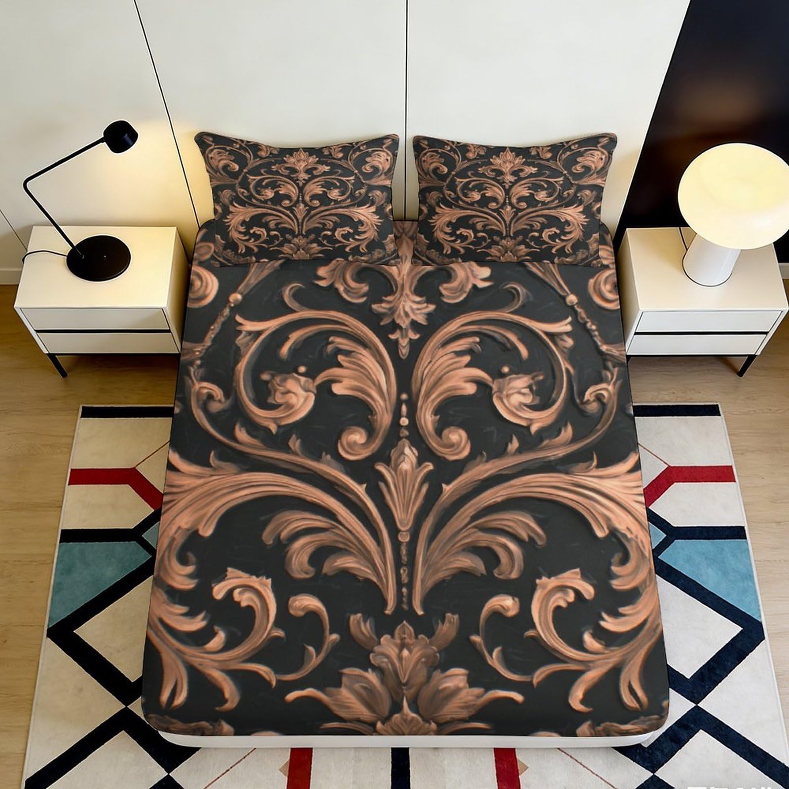 3D Printed Baroque Ornate Fitted Sheet Microfiber Soft Decorative Swirl Bed Cover for Bedroom Guest Room Decor 90x200x25cm