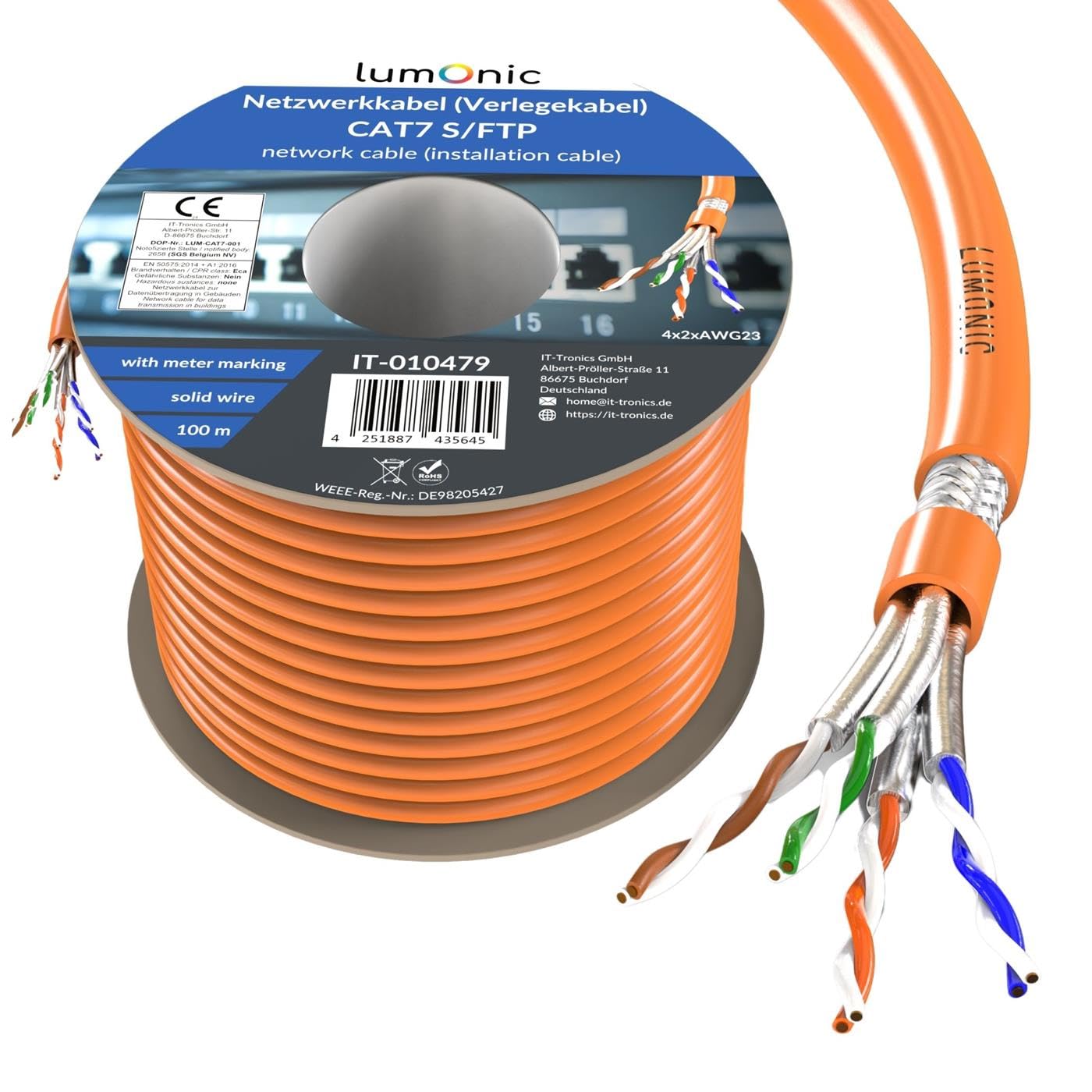 Lumonic CAT7 Cable de red S/FTP 100m | Cable de Instalación AWG 23 | 100% Cobre OFC | 10 Gbit/s | sin halógenos | 600 MHz | LAN Cable, Ethernet Cable