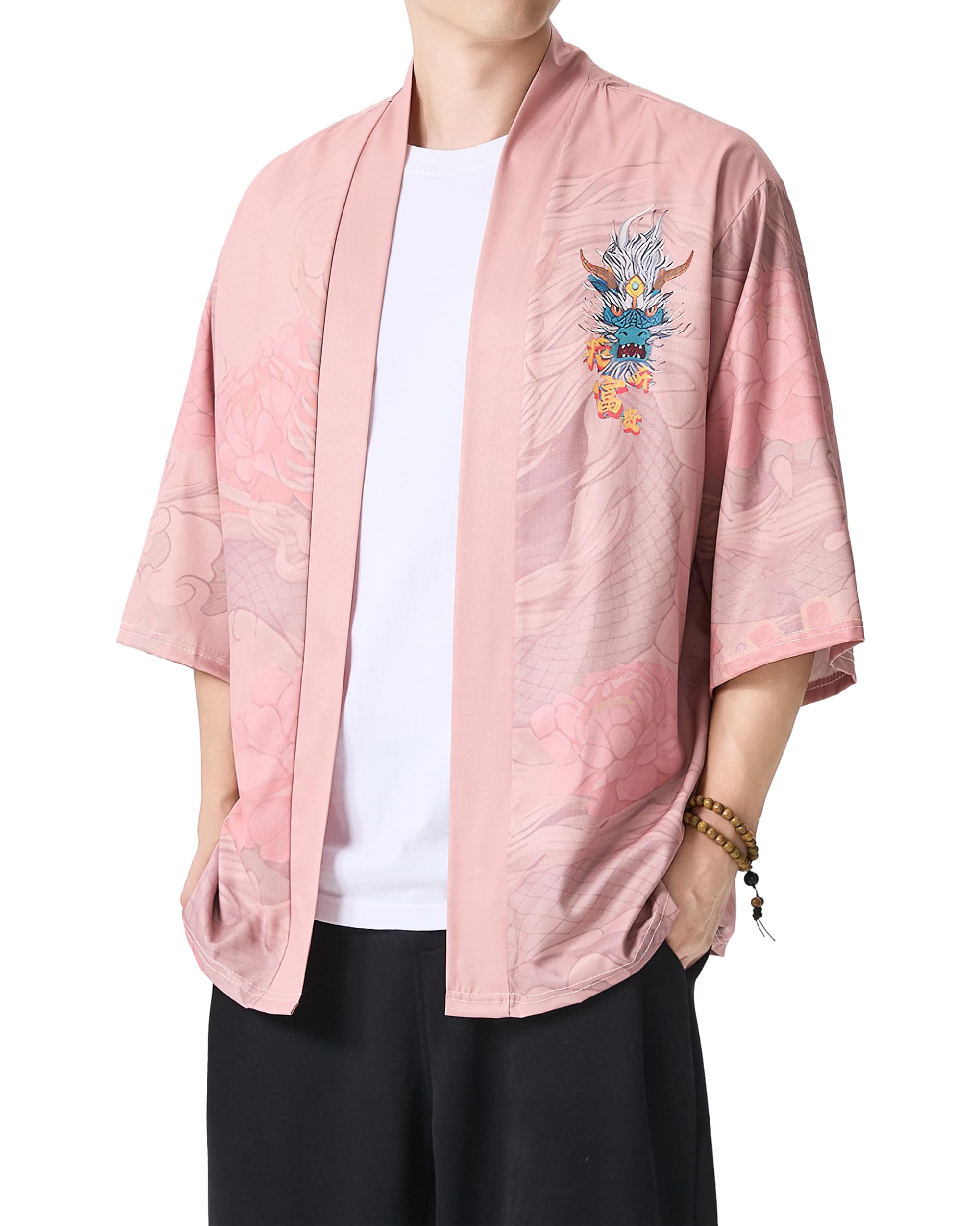 PRIJOUHE Men's Japanese Kimono Cardigan Jackets Casual Long Sleeve Open Front Coat Lightweight Yukata Outwear