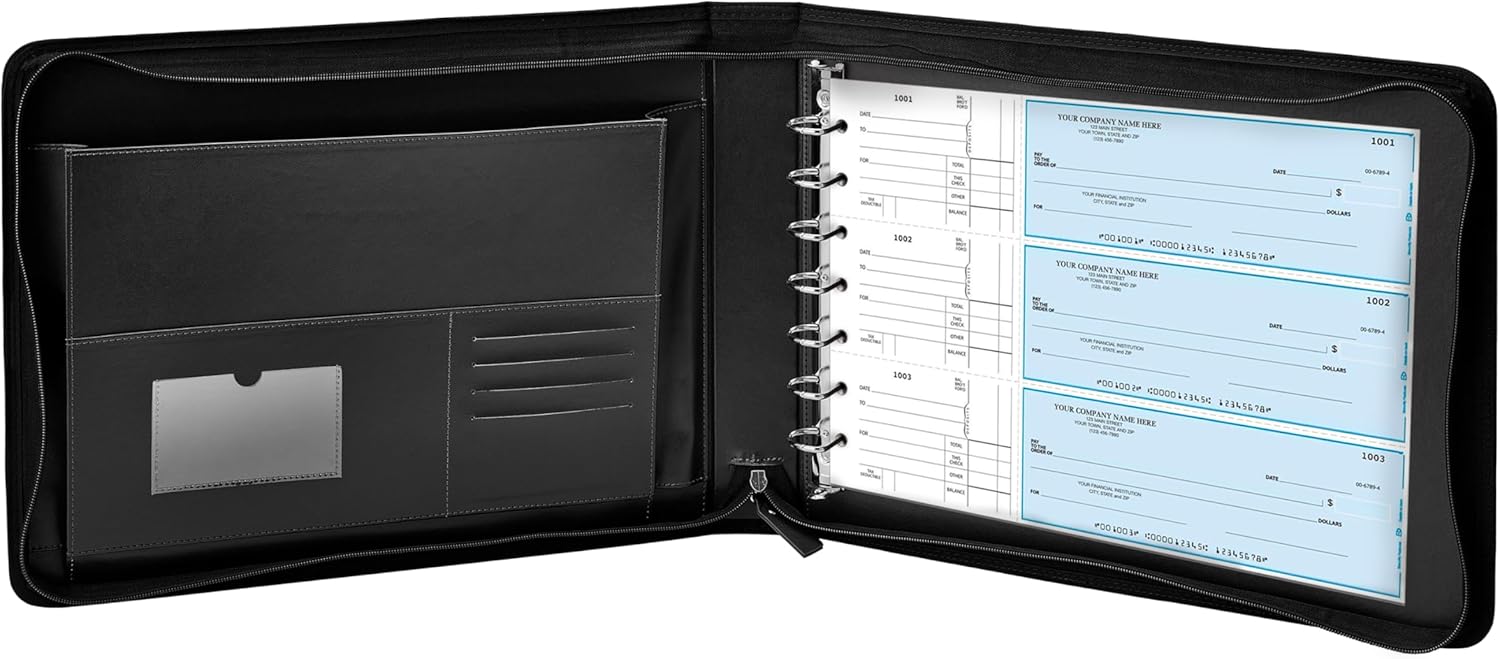 GALLAWAY LEATHER 7 Ring Checkbook Binder for Business Checks, PU Leather Check Binder Portfolio with Zipper,600 Checks Capacity,for Executive and Personal Use (Black)