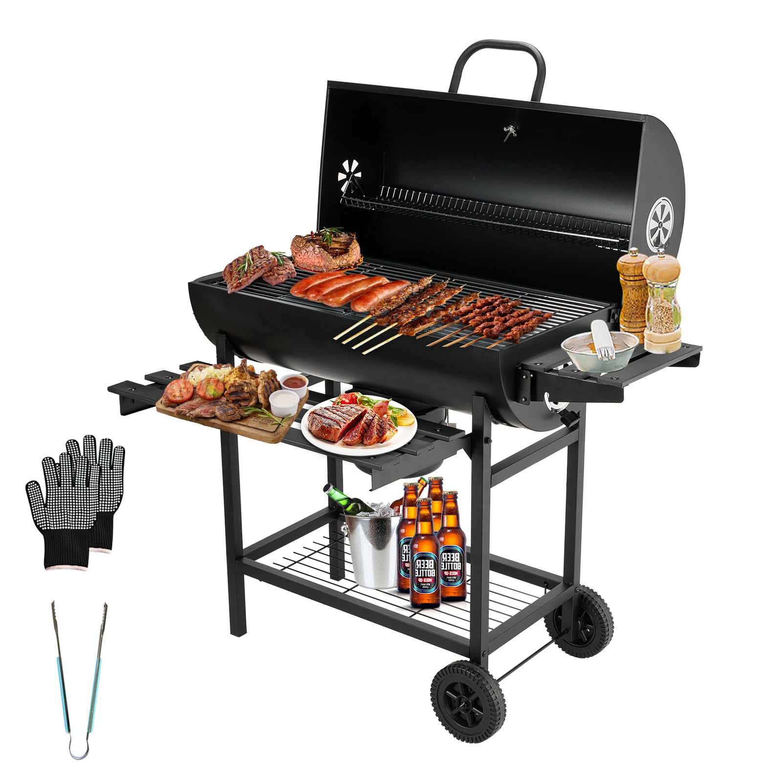 TEENO - Carro para barbacoa de madera, parrilla XXL de carbón con tapa, termómetro, cajón de ceniza, guantes antiquemaduras, ventilación ajustable, gran barbacoa de carbón de madera