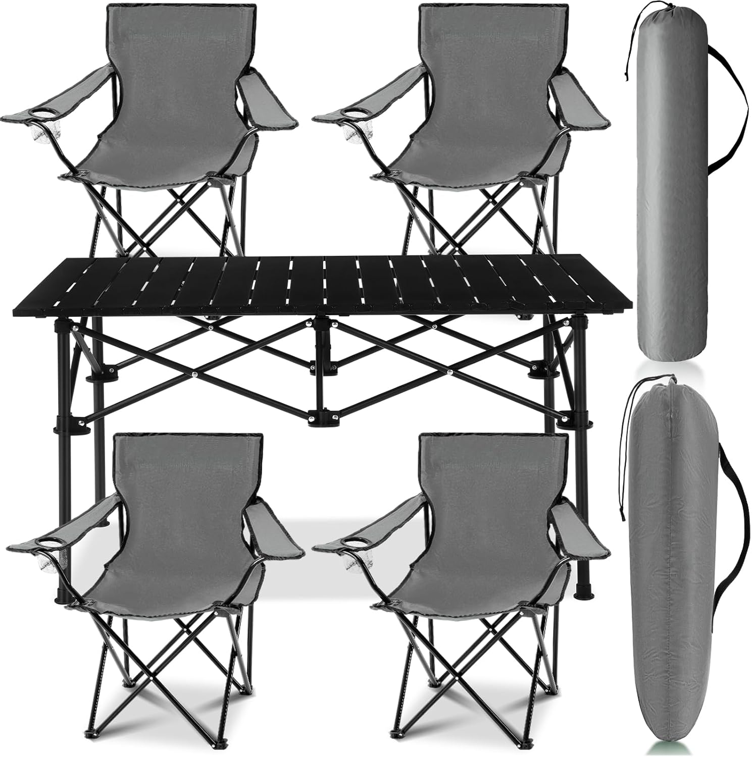 5 pcs summer portable camping chair and folding camping table set outdoor oxford fabric folding chair lawn portable camp table with cup holder carry bag for travel fishing sport(gray) grey