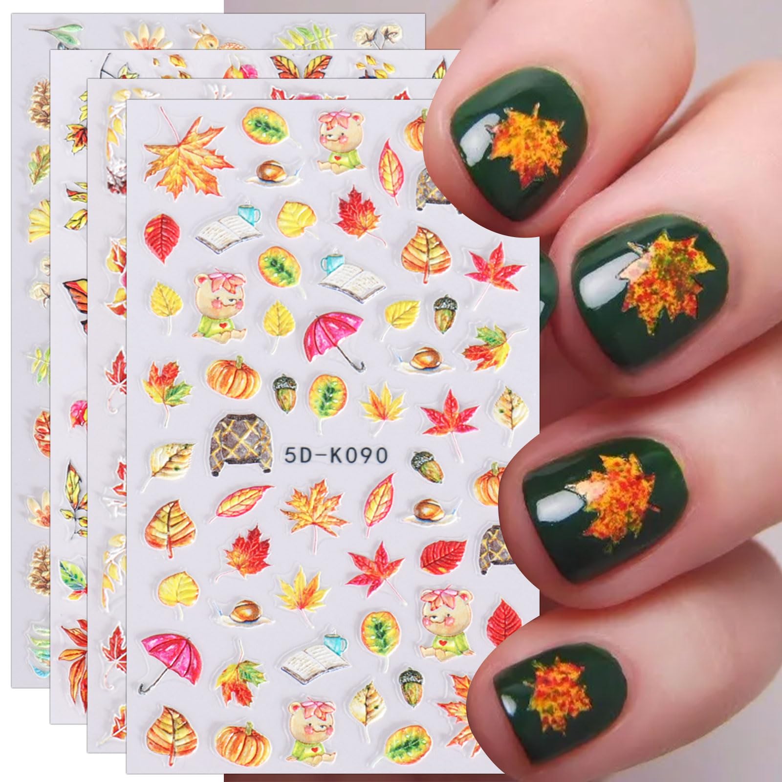 JMEOWIO 3D Embossed Fall Autumn Nail Art Stickers Decals Self-Adhesive Pegatinas Uñas 5D Pumpkin Maple Leaf Thanksgiving Nail Supplies Nail Art Design Decoration Accessories 4 Sheets