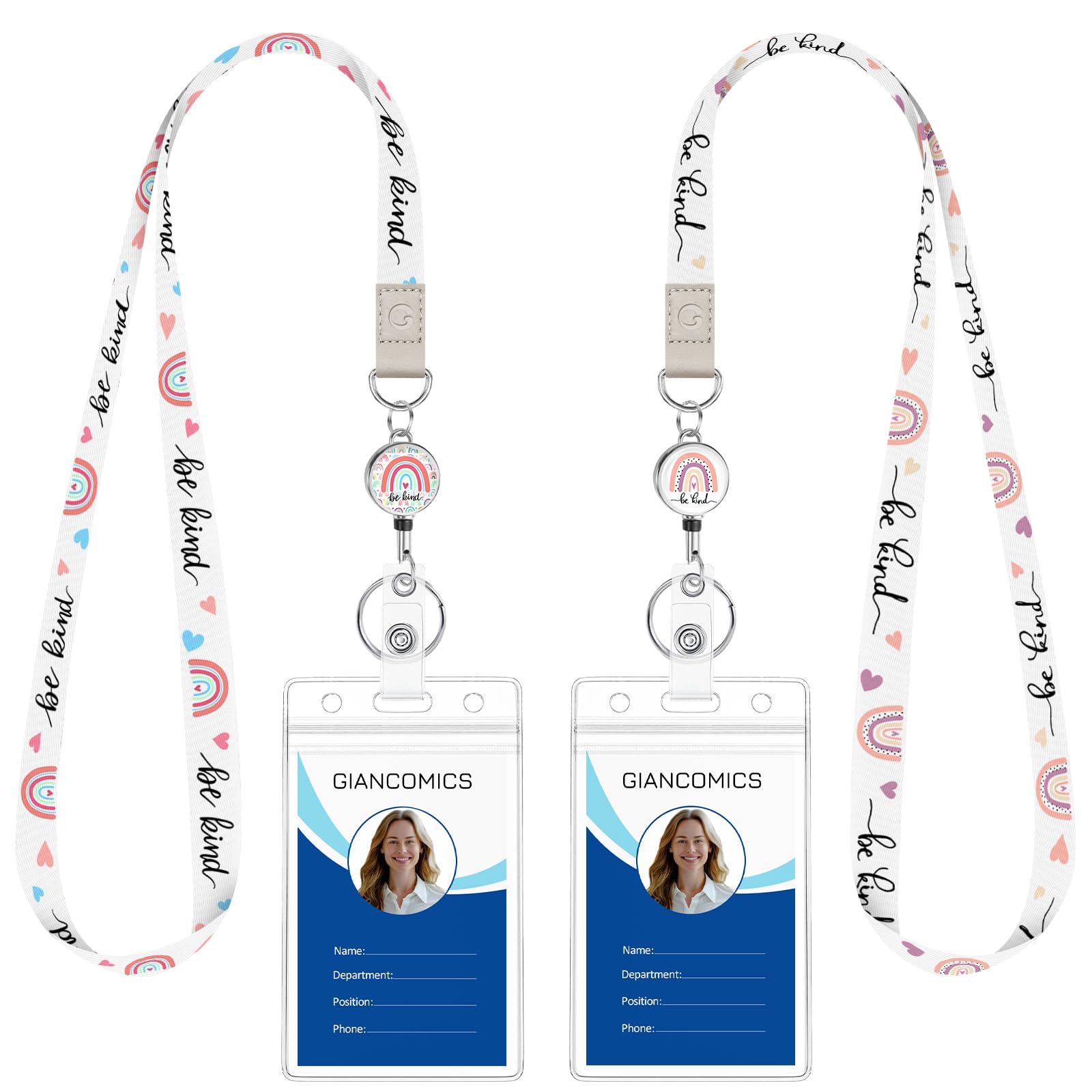 Giancomics Be Kind Lanyards for Id Badges, Cute Rainbow Lanyards with Retractable Reel, Waterproof ID Badge Holder for Cruise Ships Cards Key, Work