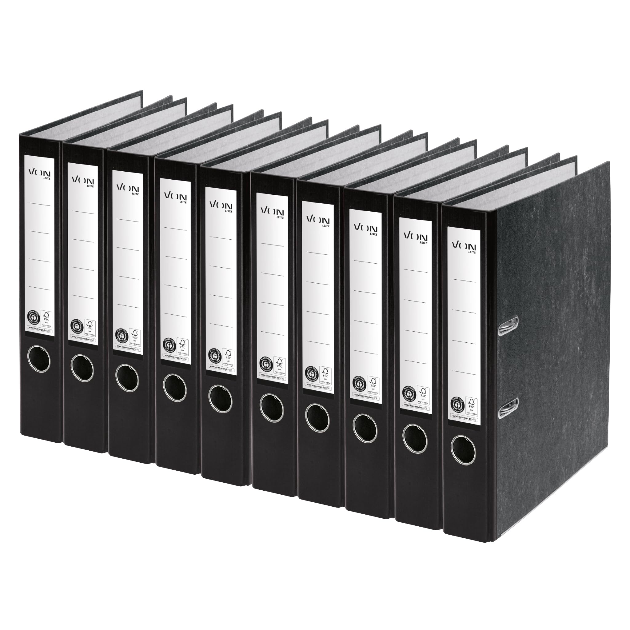 VON Leitz A4 Folder, Pack of 10, 100% Recycled Paper, 50 mm Spine Width, for 350 Sheets, Blue Angel & FSC Certified, for School, Study & Home, Black, 10540095