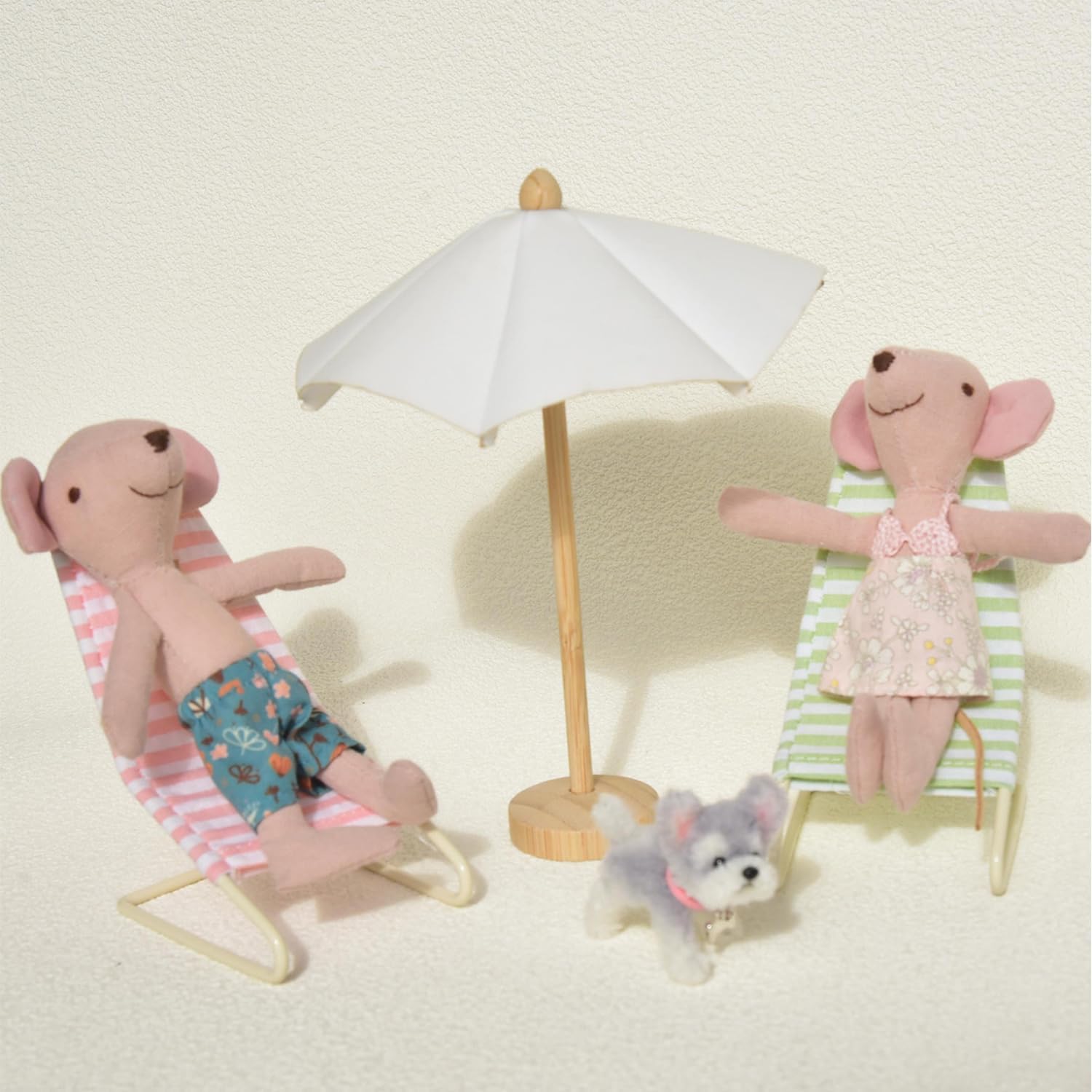 1:12 Scale Dollhouse Beach Lounge Set, Dollhouse Furnitures (Blue + Yellow) | Accessories Set with Metal Beach Recliner, Wooden Sun Umbrella and Folding Table, Dollhouse Furniture Decoration for Beach