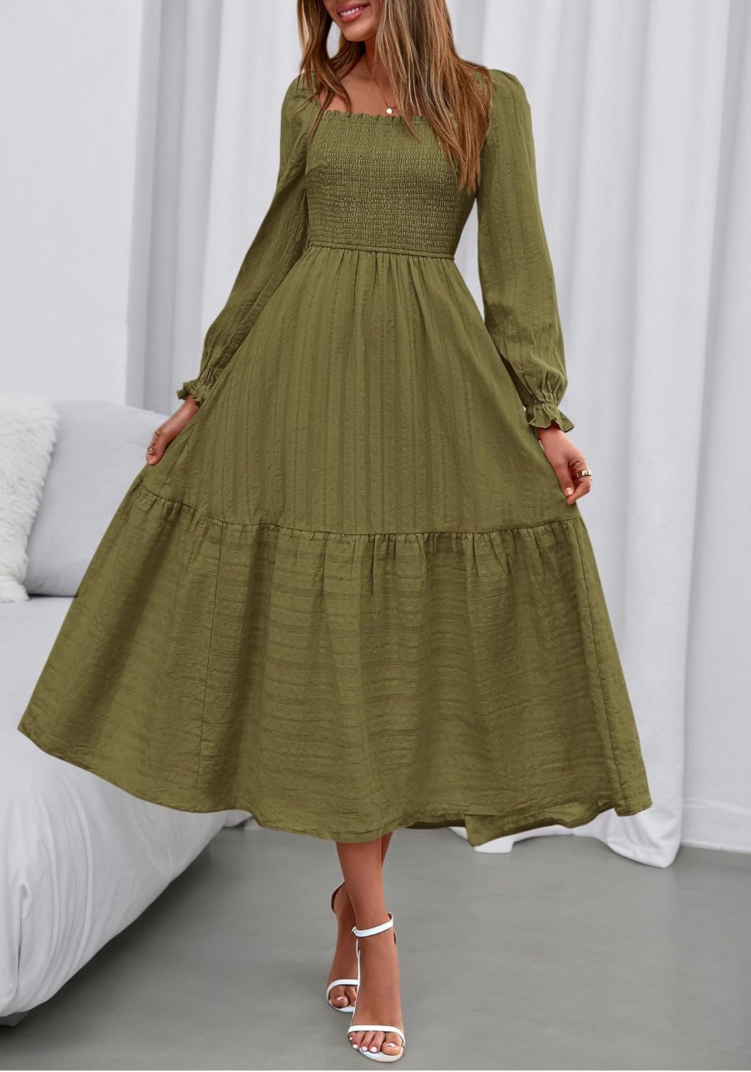 BTFBM Women Maxi Fall Dresses 2025 Long Sleeve Solid Color Square Neck Smocked Boho Long Wedding Guest Dress - Image 2