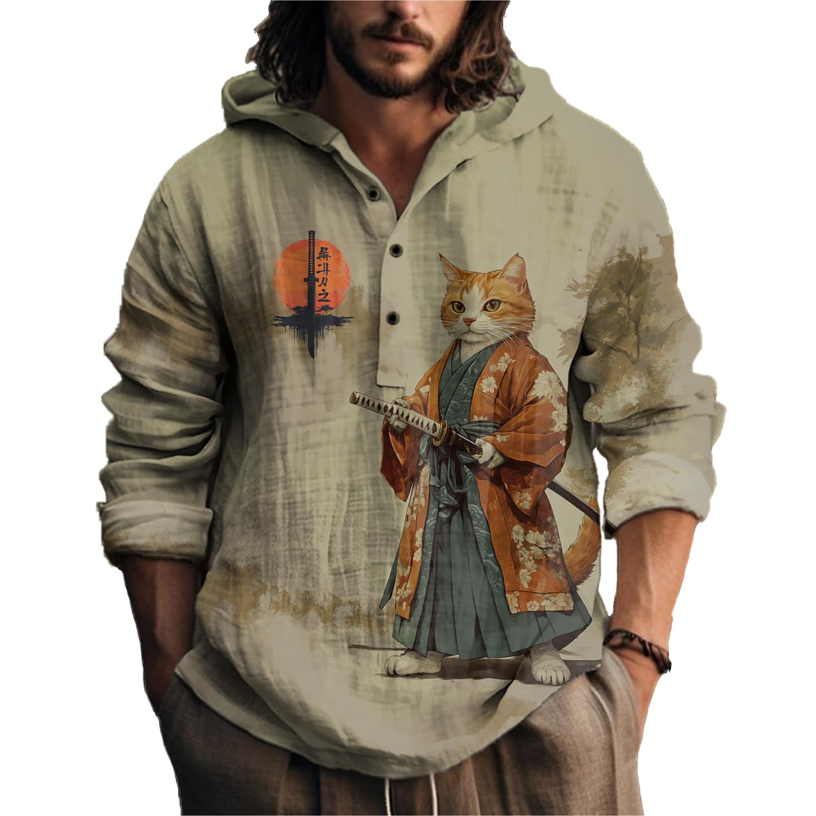 MARSVOVO Mens Japanese Art Long Sleeve Hooded Shirts Lightweight Quarter Button Hoodie Casual Cool Tops for Spring Fall