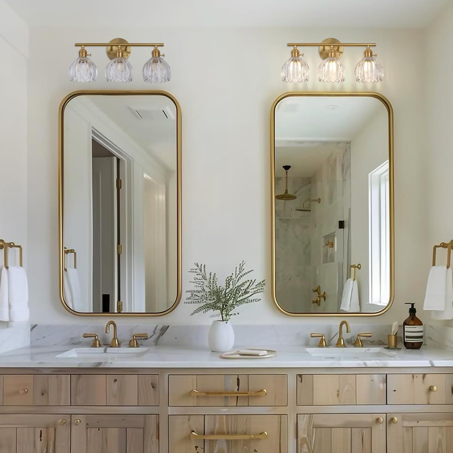 Gold 3 Light Bathroom Vanity Light,18.8in Modern Bathroom Lighting Fixtures Over Mirror with Clear Tulip Crystal Glass Shade,Brass Vintage Vanity Lights for Bathroom Living Room（not include bulbs)
