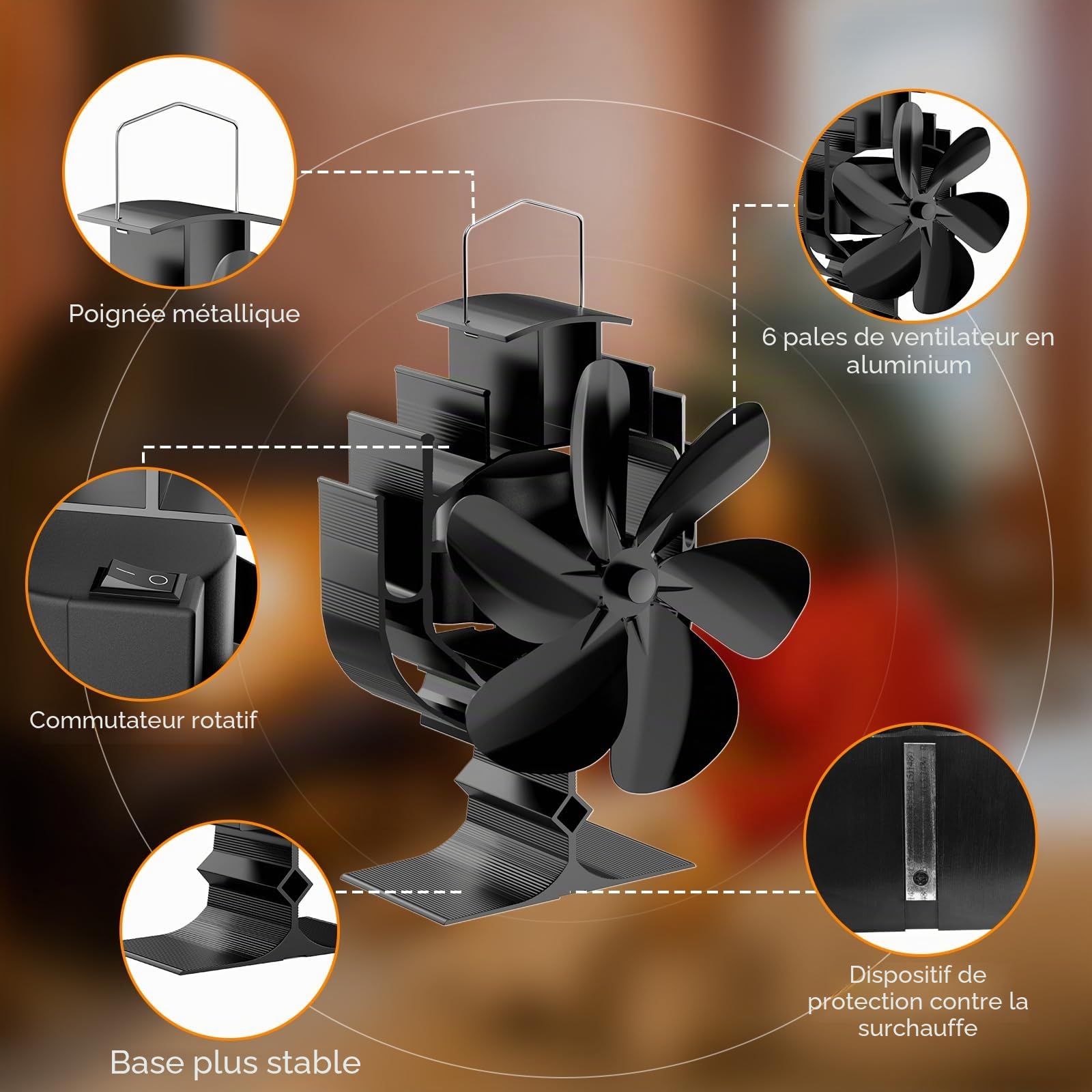 Gisam Ventilateur de poêle à 6 pales avec rotation à 60°, ventilateur de poêle sans électricité, fonctionnement silencieux, ventilateur de poêle à bois pour poêle à bois/cheminée (noir)