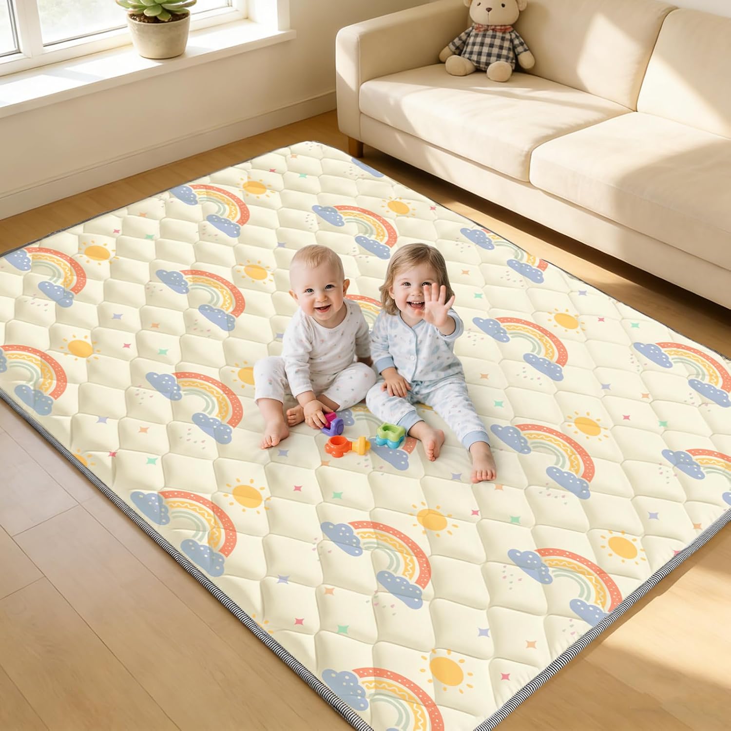 74" x 50" Playpen Mat - Thicken & Soft Baby Play Mats for Floor - Foam Playmats for Babies and Toddlers - Foldable & Washable Baby Activity Mat for Tummy Time & Crawling Non-Slip, Rainbow