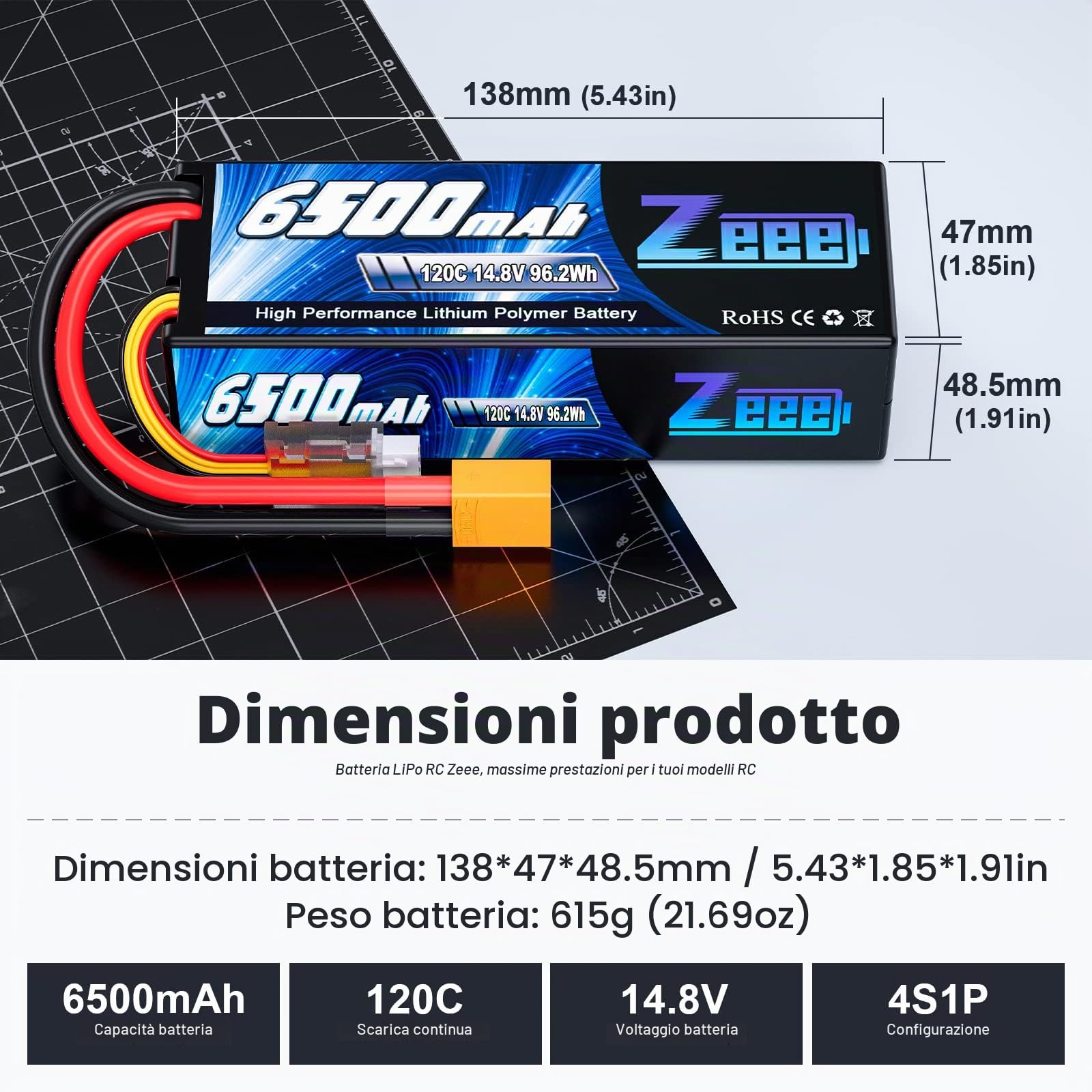 Zeee 4S Lipo 6500mAh 14,8V 120C Batteria RC con Spina XT90 (2 Pezzi) | Batteria RC per RC Car Truck Tank Buggy Truggy RC Racing Models