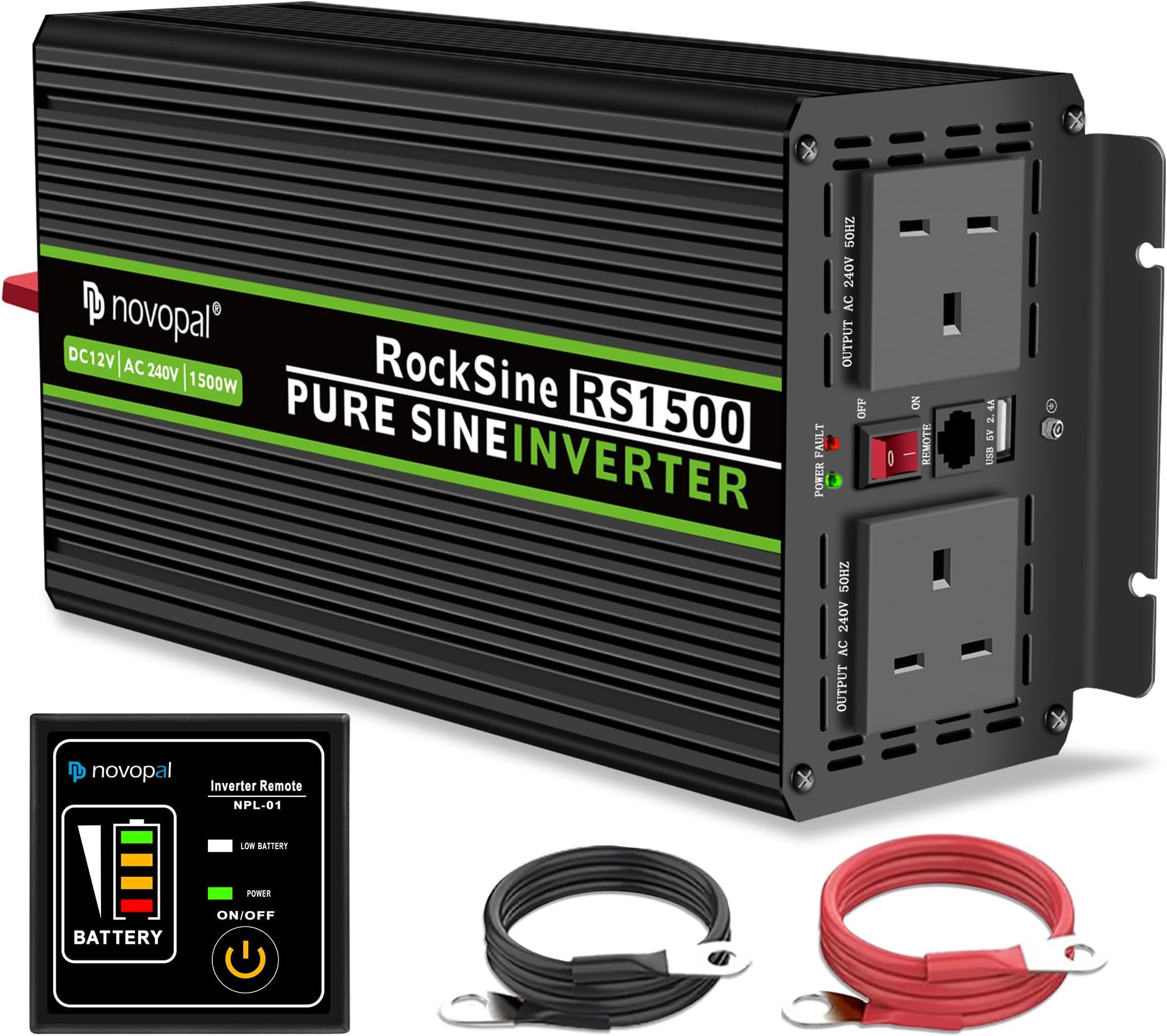1500W Power Inverter Pure Sine Wave 12V DC to 240V AC Converter with 2 UK Outlets and 1 USB,16.4FT Remote Control,2 Cooling Fans for RV,Boat,Camping,Home