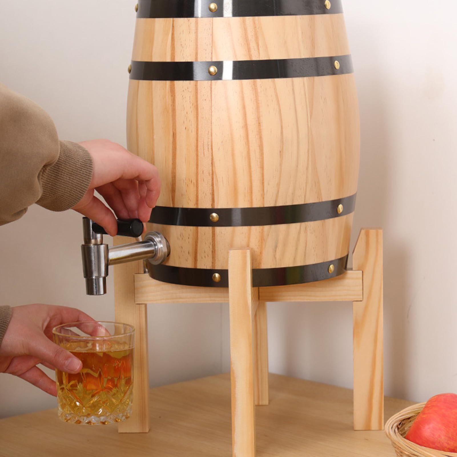 Tonneau à Vin en Bois, Tonneau à Bière en Bois de Chêne 3 L, Fûts à Whisky avec Robinet et Support pour un Usage Domestique