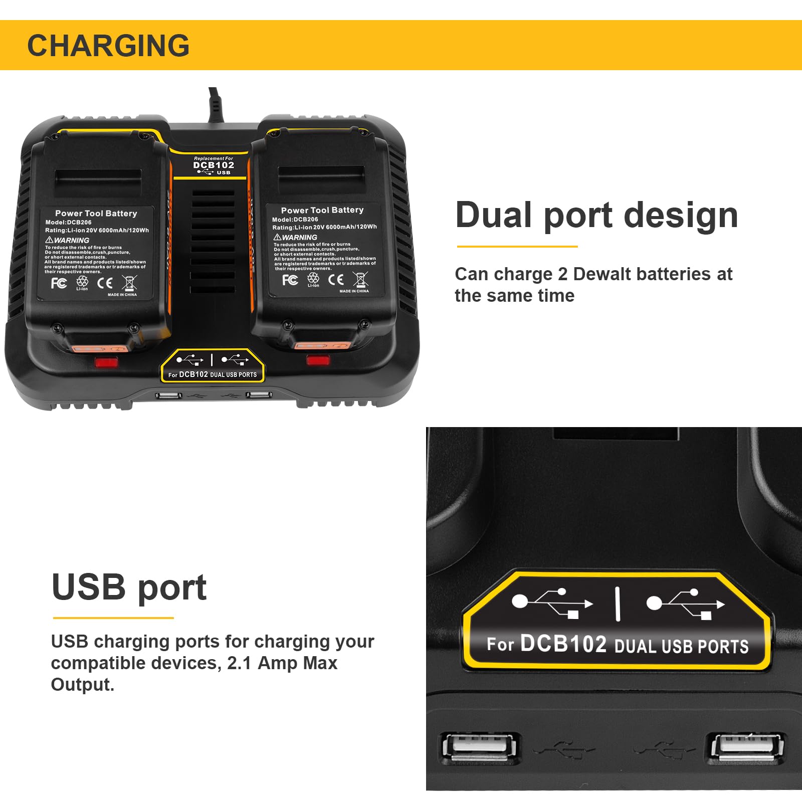 ASUNCELL 2 porte 3,0 A, caricabatterie rapido per Dewalt DCB115 18 V XR, 12 V-20 V MAX agli ioni di litio con 2 porte USB da 2,1 A per batteria Dewalt da 18 V DCB, caricatore di ricambio per serie DCB