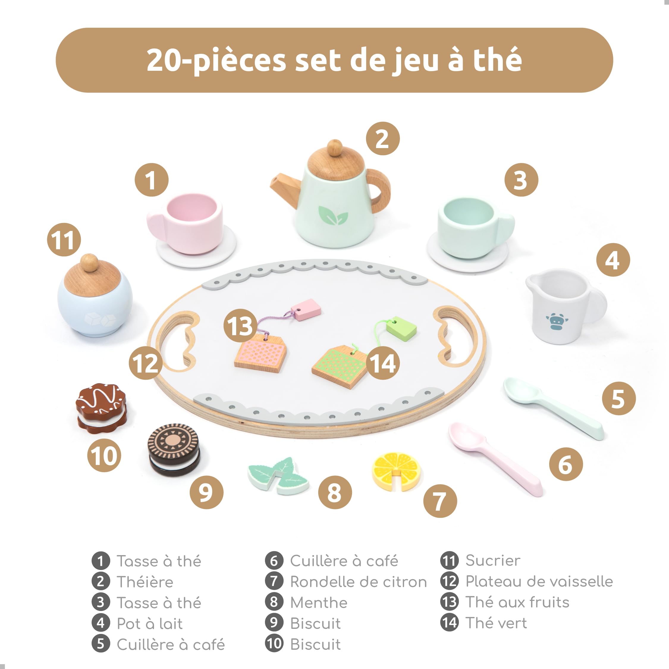UMU® Service à thé en Bois - avec Tasses colorées, tranches de Citron, sachets de thé, etc. - Jouet en Bois pour Enfants à partir de 3, 4, 5, 6 Ans