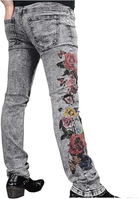 モード　フラワーペイント　スキニージーンズ　ブラック　彼岸花　花柄　総柄 モードフラワーペイントスキニージーンズブラック彼岸花花柄総柄