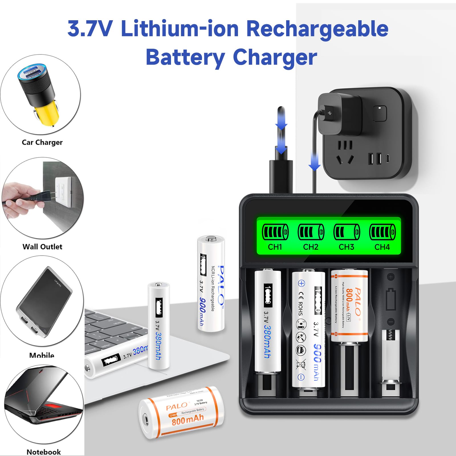 Cargador universal para baterías CR123A, 16340, 16500, 10400, 14430, 14500, 3.7V | Entrada USB 5V/2A, ranuras independientes, protección de sobrecarga | Compacto y portátil (cargador de batería