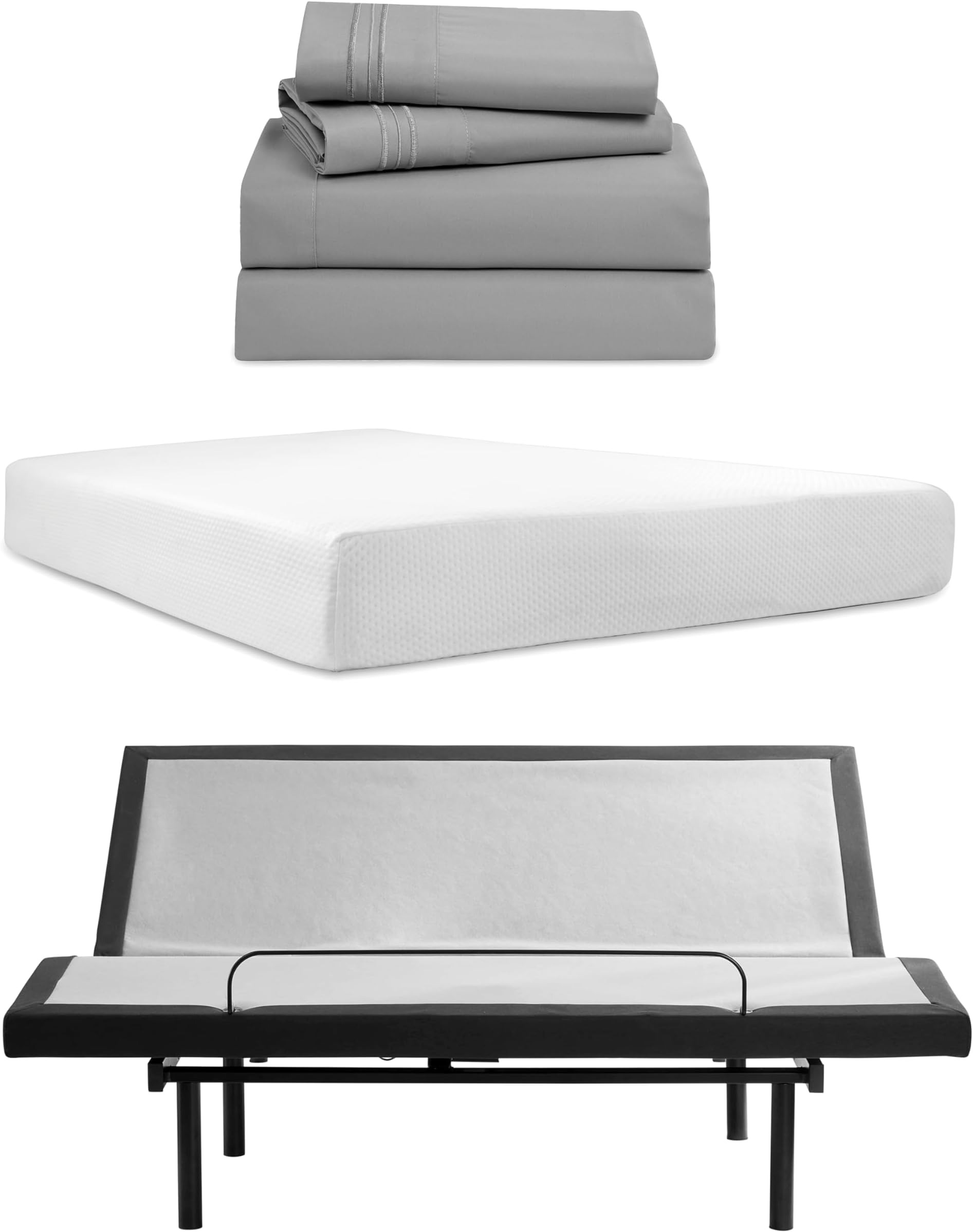 Nestl Queen Size Adjustable Massage Bed Frame with 10 Inch Green Tea Mattress and 4 Piece Bed Sheets Set - Adjustable Bed Base with Wireless Remote, USB and Head & Foot Massage - Fast & Easy Assembly
